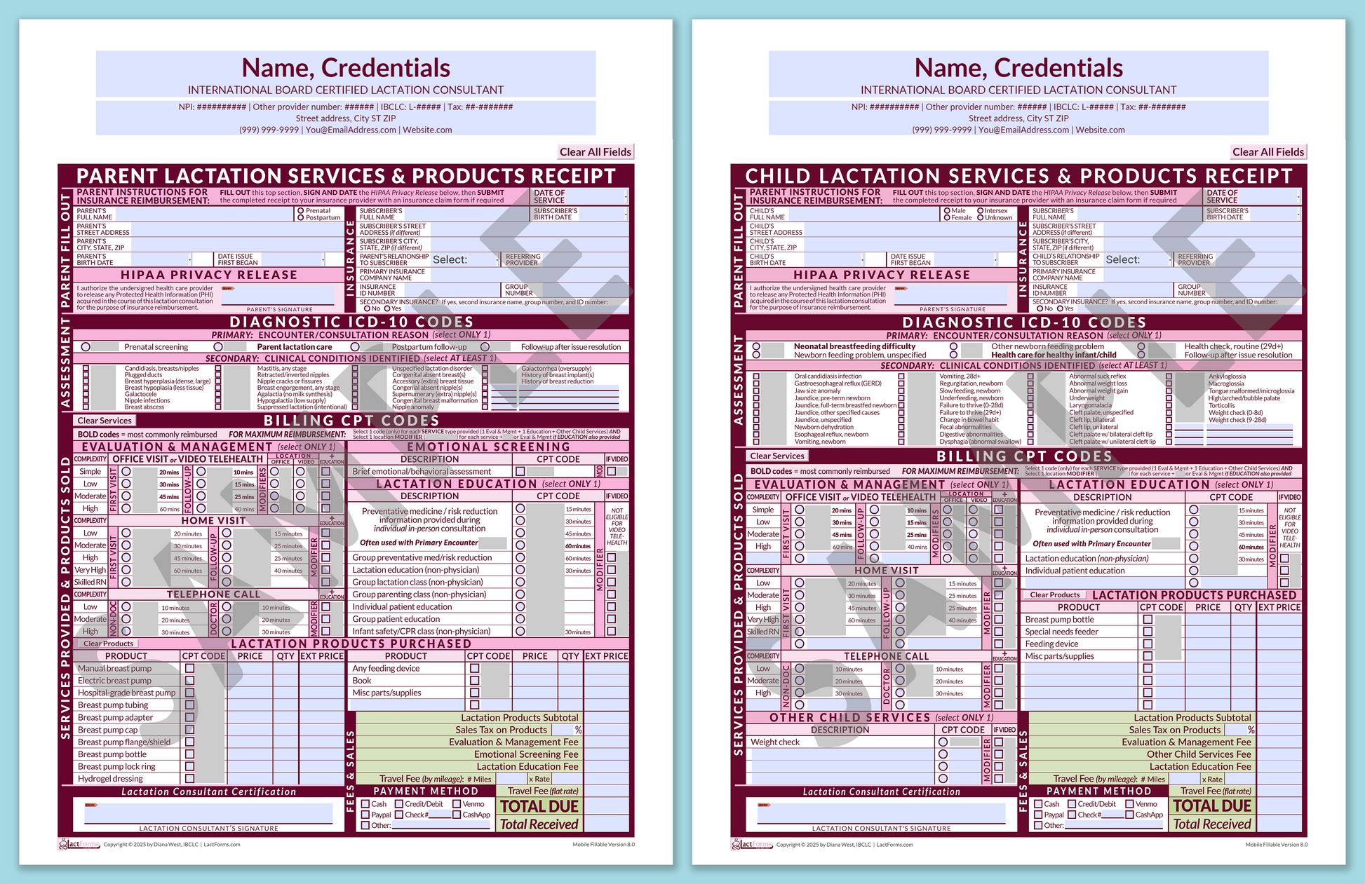 LactForms Superbills Package V8.0 MobileFillable HeaderCenter Pink-Redacted sample-Before editing header