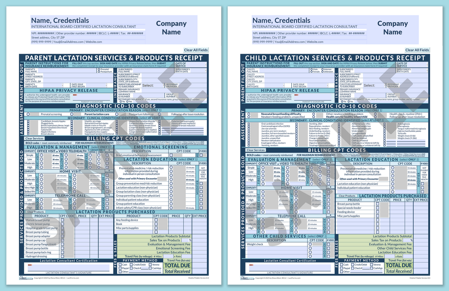 LactForms Superbills Package V8.0 MobileFillable HeaderCompany Blue-Redacted sample-Before editing header