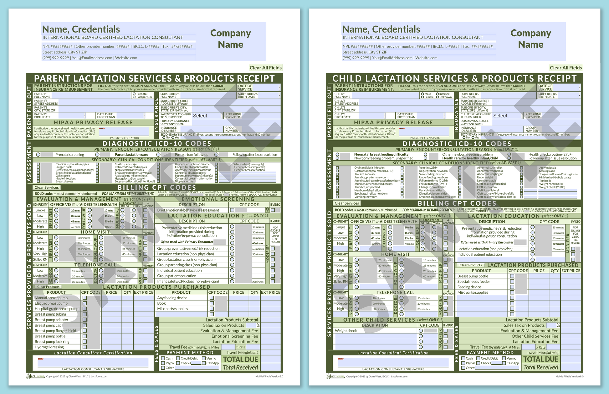 LactForms Superbills Package V8.0 MobileFillable HeaderCompany Green-Redacted sample-Before editing header