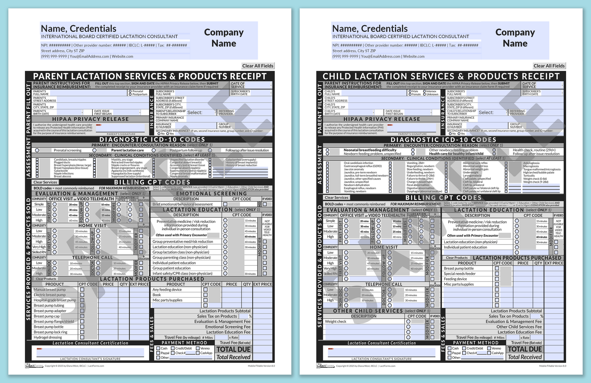 LactForms Superbills Package V8.0 MobileFillable HeaderCenter Grey-Redacted sample-Before editing header