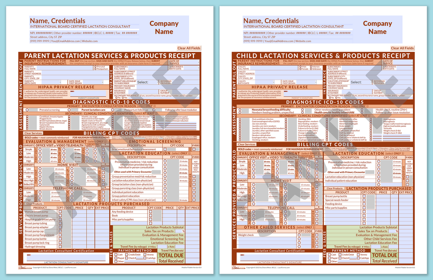 LactForms Superbills Package V8.0 MobileFillable HeaderCompany Orange-Redacted sample-Before editing header