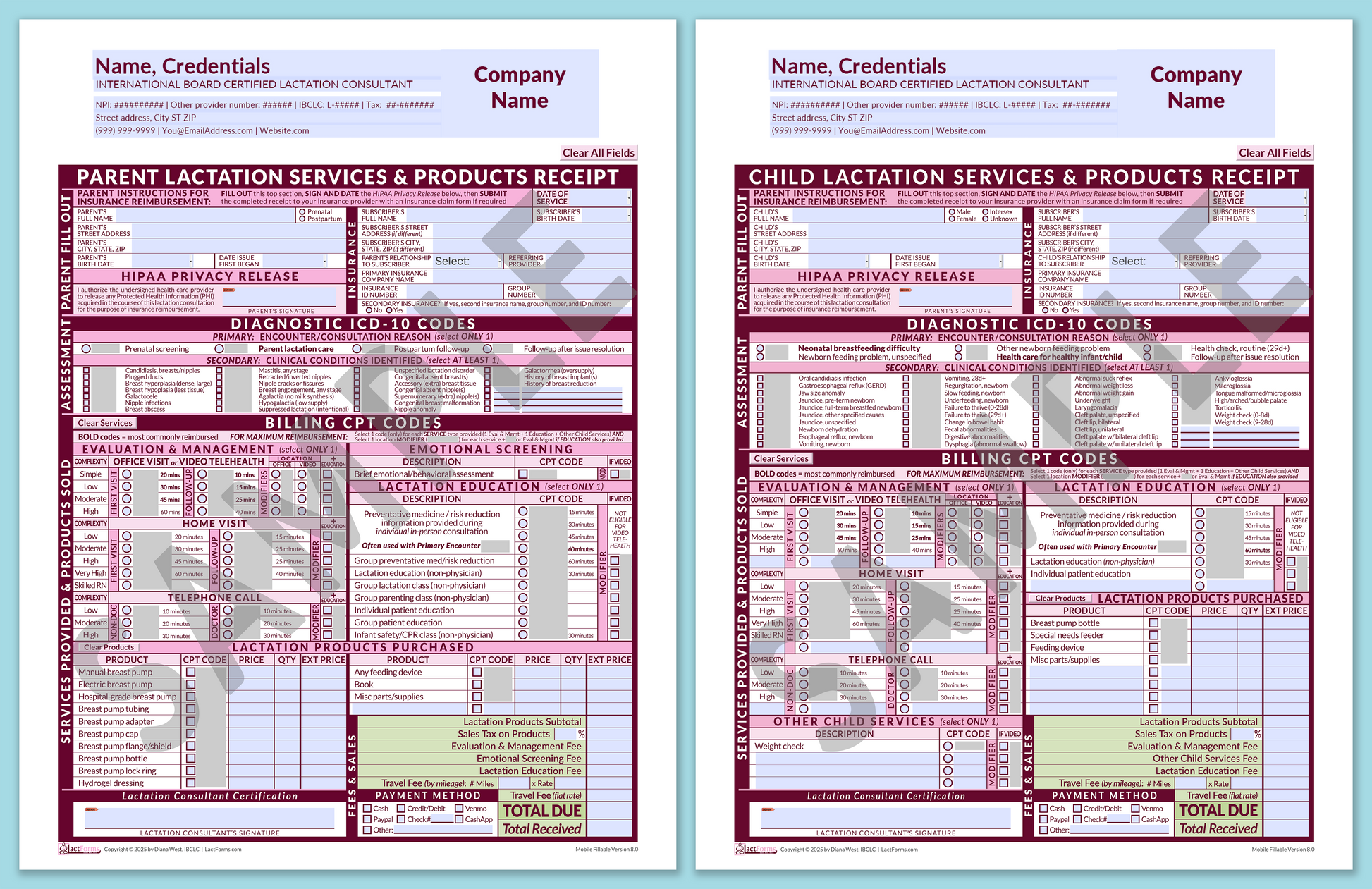 LactForms Superbills Package V8.0 MobileFillable HeaderCompany Pink-Redacted sample-Before editing header