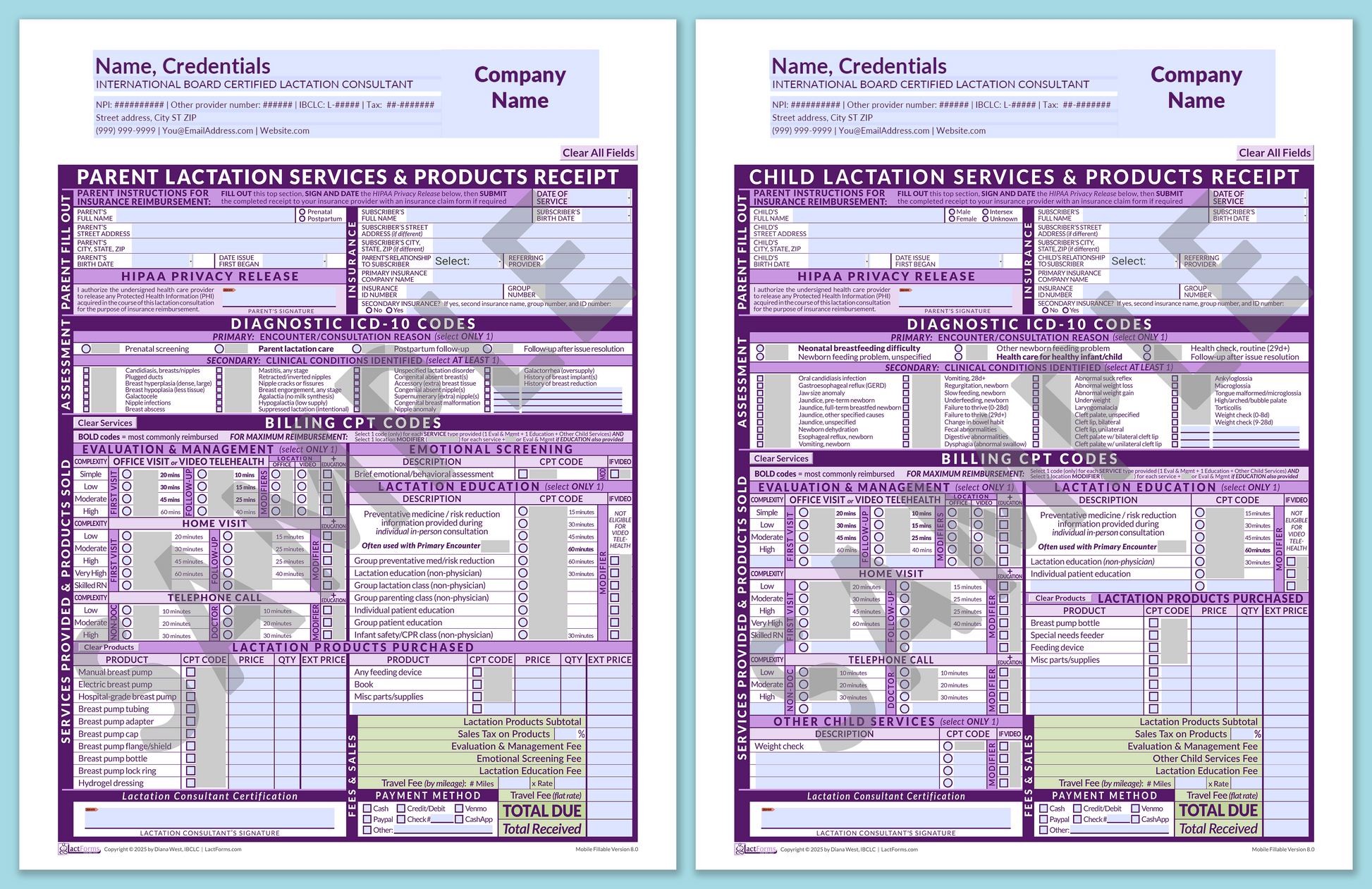 LactForms Superbills Package V8.0 MobileFillable HeaderCompany Purple-Redacted sample-Before editing header