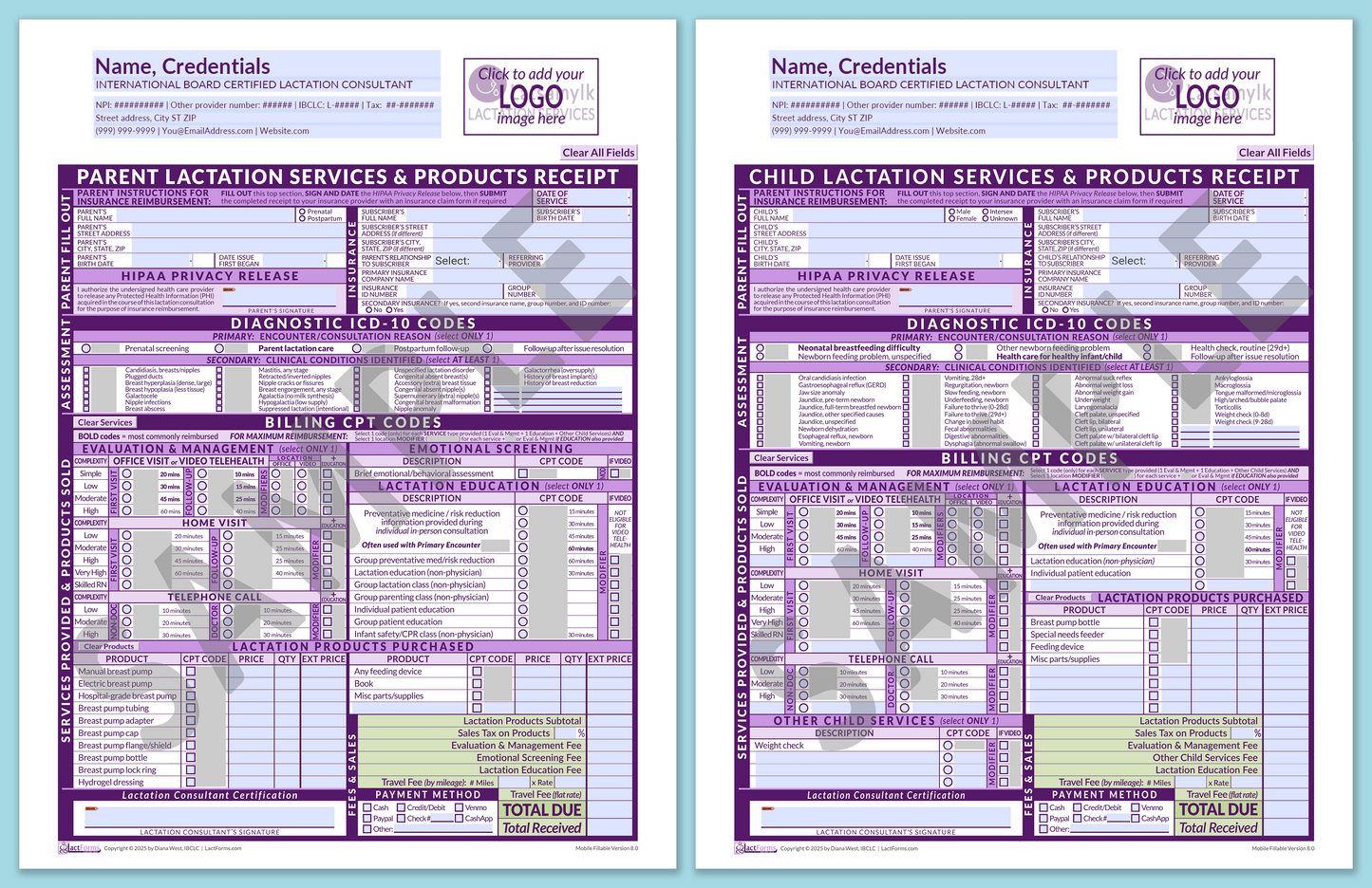 LactForms Superbills Package V8.0 MobileFillable HeaderLogo Purple-Redacted sample-Before editing header