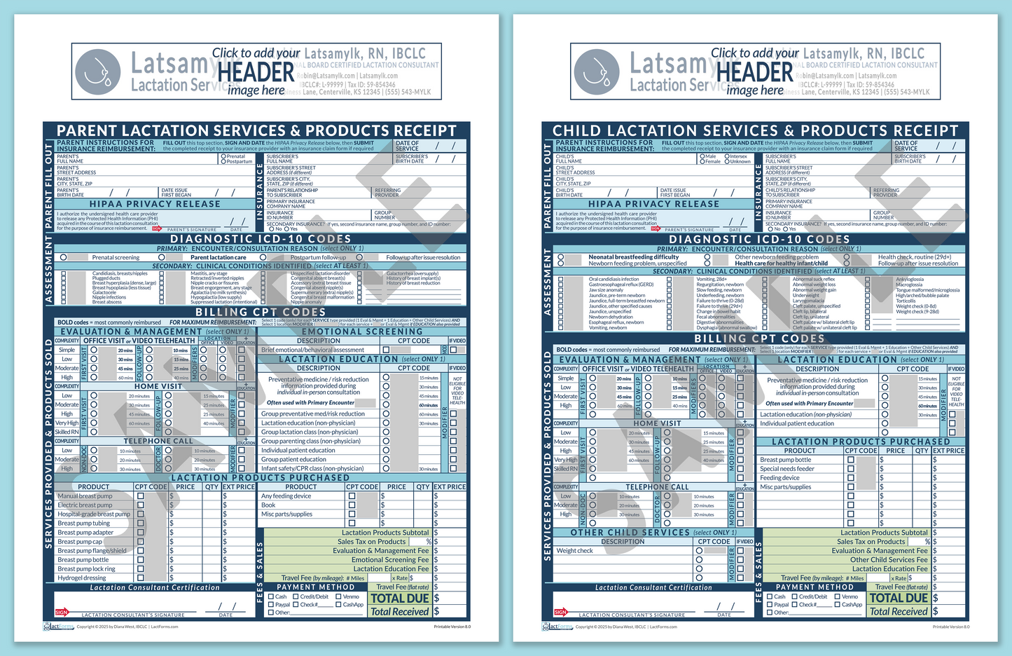 LactForms Superbills Package V8.0 OfficePrintable HeaderBox Blue-Redacted sample-Before editing header