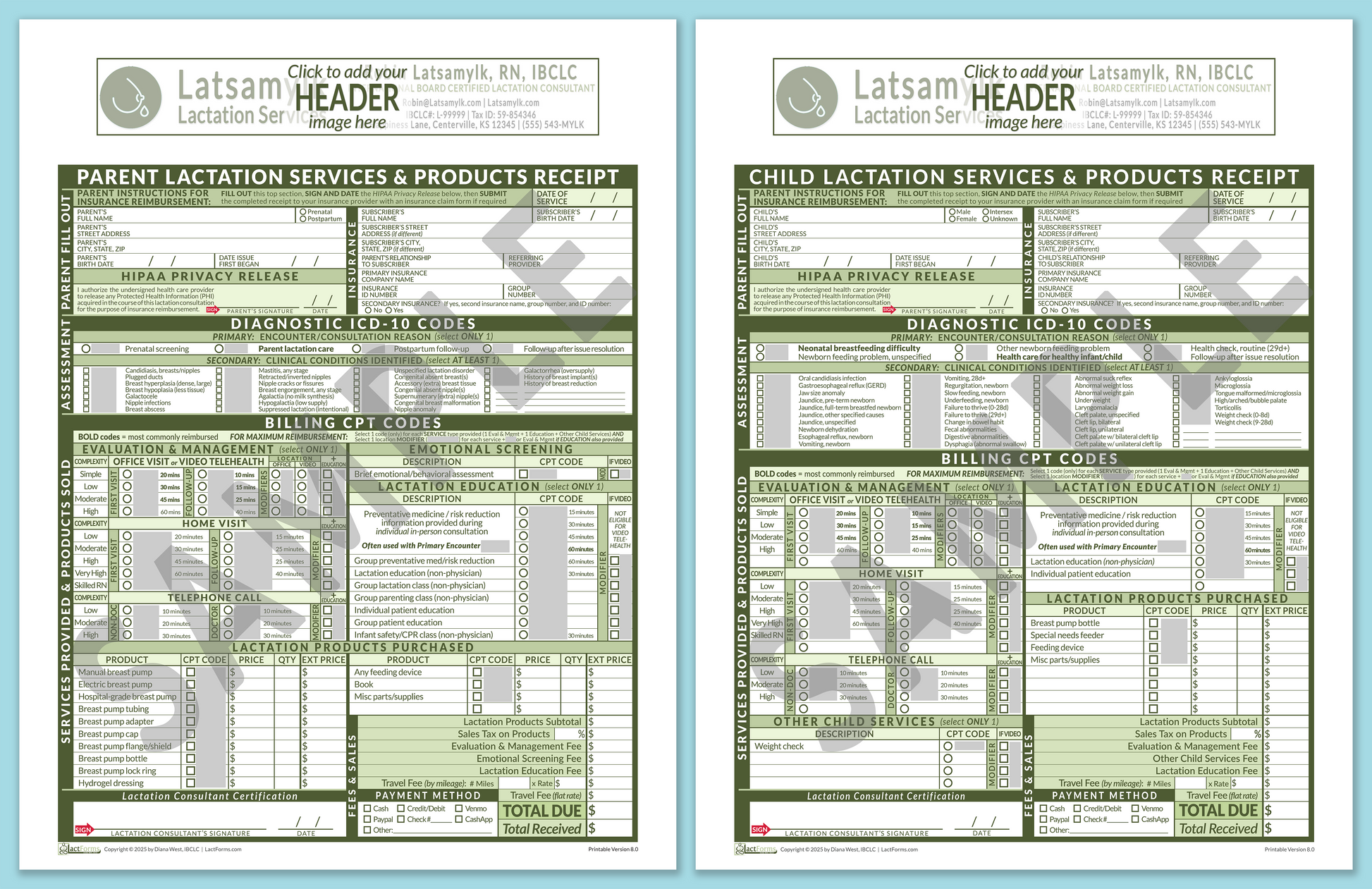 LactForms Superbills Package V8.0 OfficePrintable HeaderBox Green-Redacted sample-Before editing header