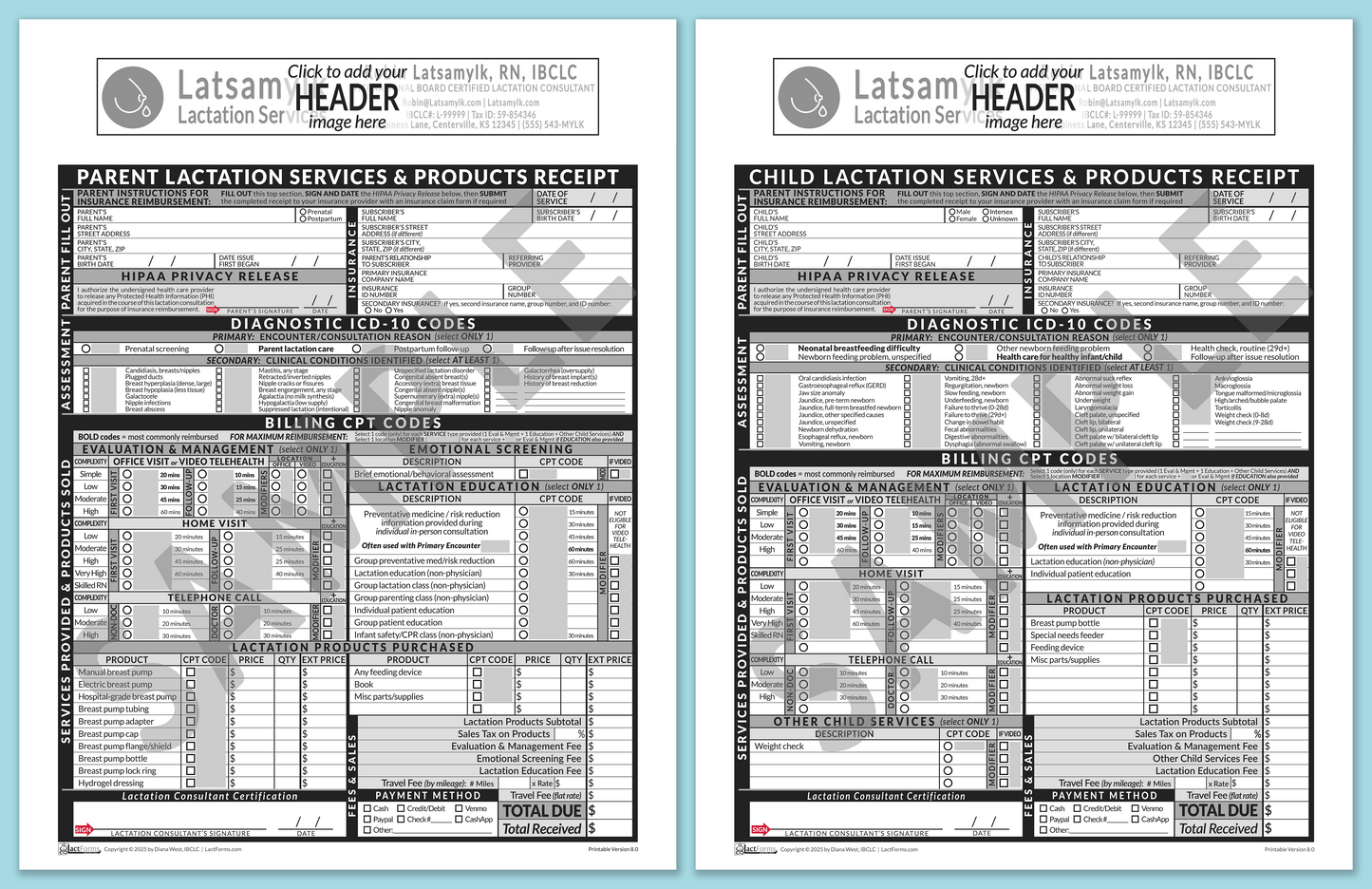 LactForms Superbills Package V8.0 OfficePrintable HeaderBox Grey-Redacted sample-Before editing header