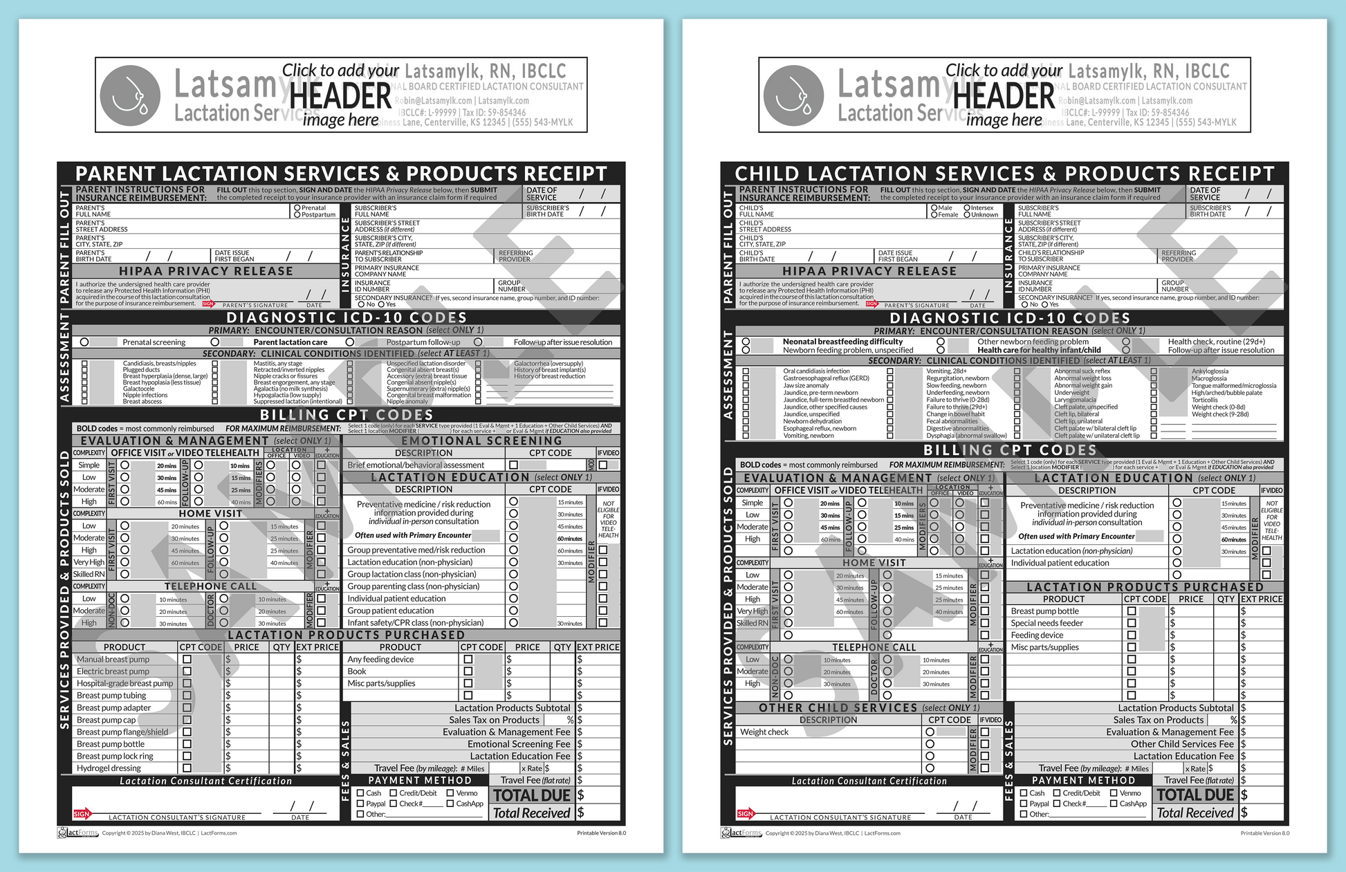 LactForms Superbills Package V8.0 OfficePrintable HeaderBox Grey-Redacted sample-Before editing header