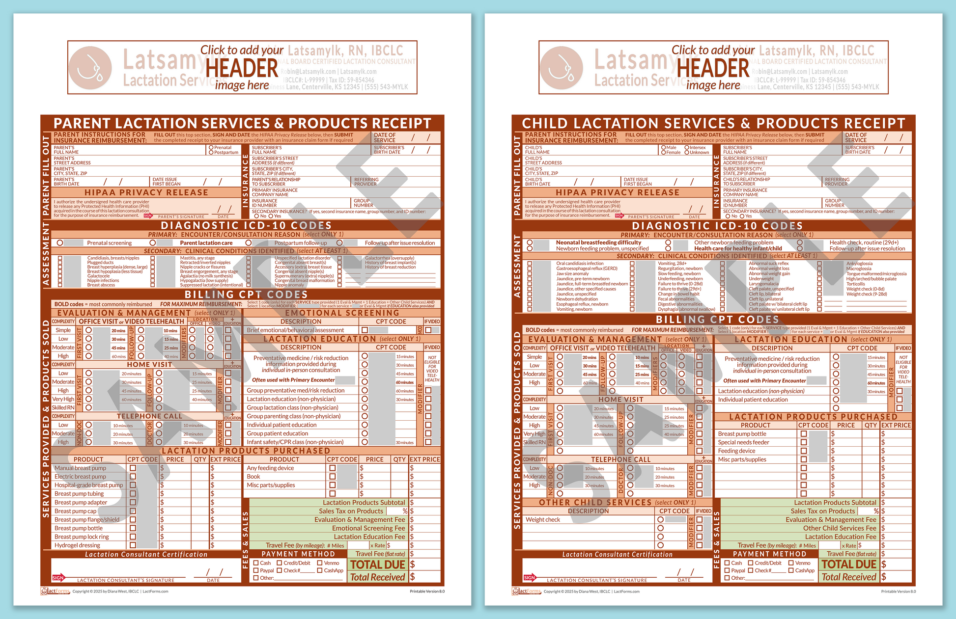 LactForms Superbills Package V8.0 OfficePrintable HeaderBox Orange-Redacted sample-Before editing header