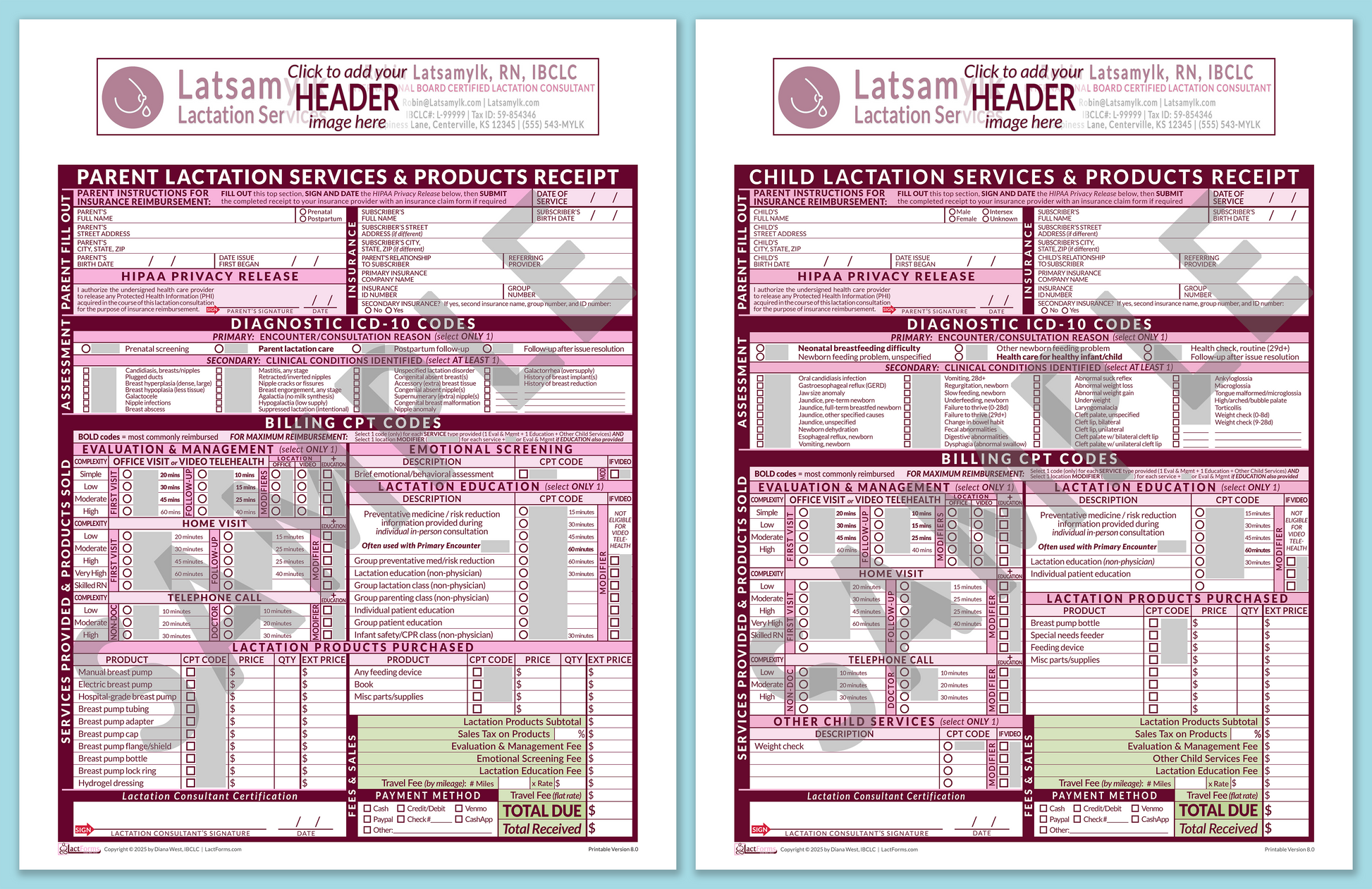 LactForms Superbills Package V8.0 OfficePrintable HeaderBox Pink-Redacted sample-Before editing header