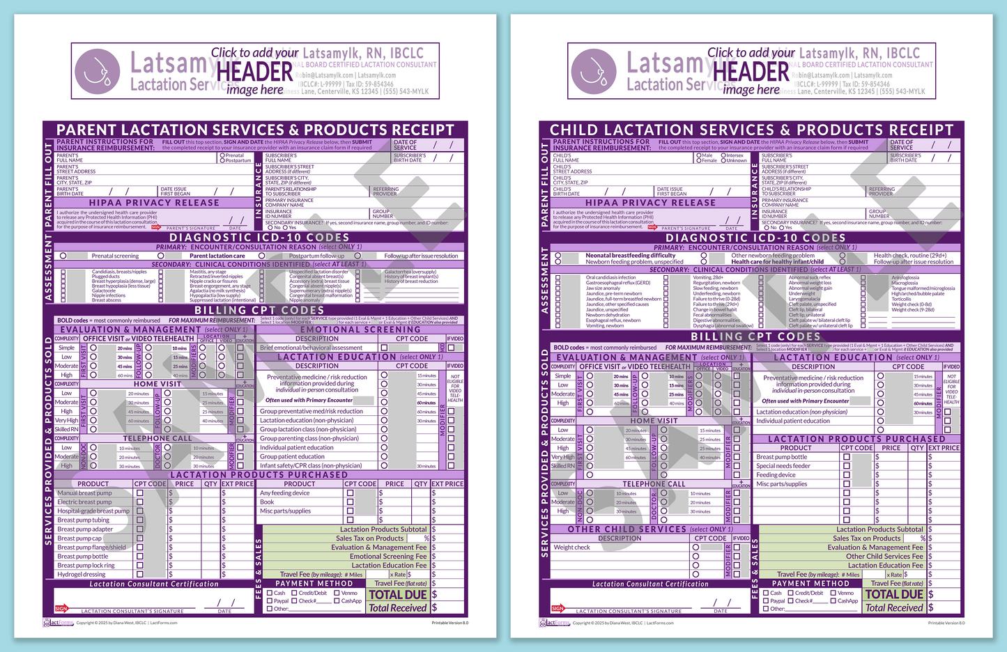 LactForms Superbills Package V8.0 OfficePrintable HeaderBox Purple-Redacted sample-After editing header