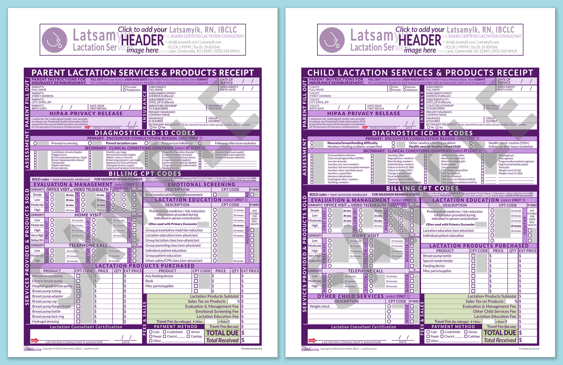 LactForms Superbills Package V8.0 OfficePrintable HeaderBox Purple-Redacted sample-After editing header