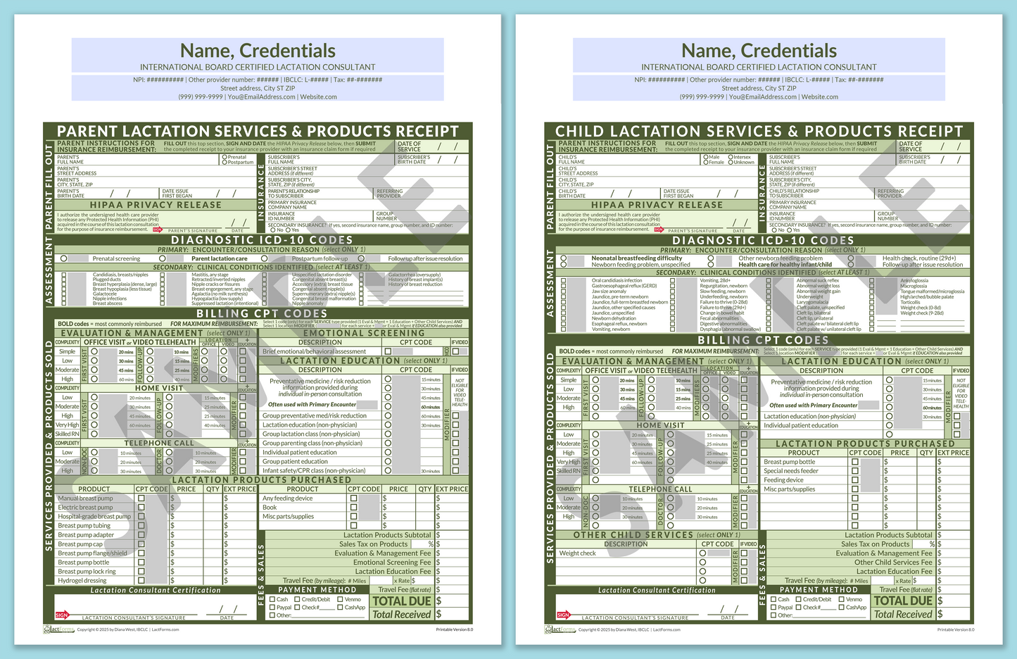 LactForms Superbills Package V8.0 OfficePrintable HeaderCenter Green-Redacted sample-Before editing header