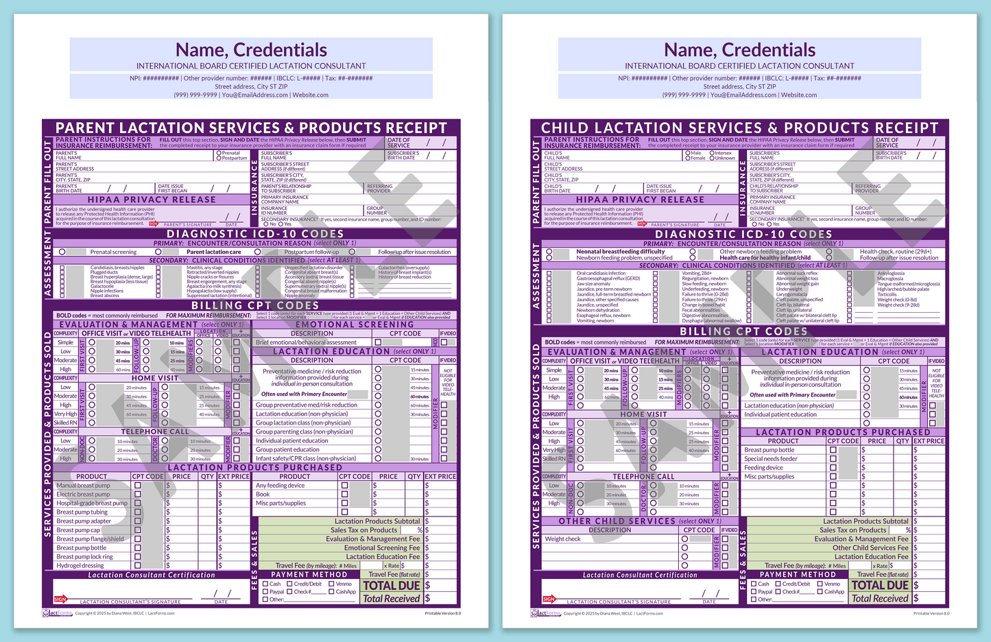 LactForms Superbills Package V8.0 OfficePrintable HeaderCenter Purple-Redacted sample-Before editing header