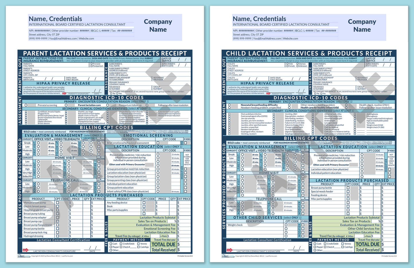 LactForms Superbills Package V8.0 OfficePrintable HeaderCompany Blue-Redacted sample-Before editing header