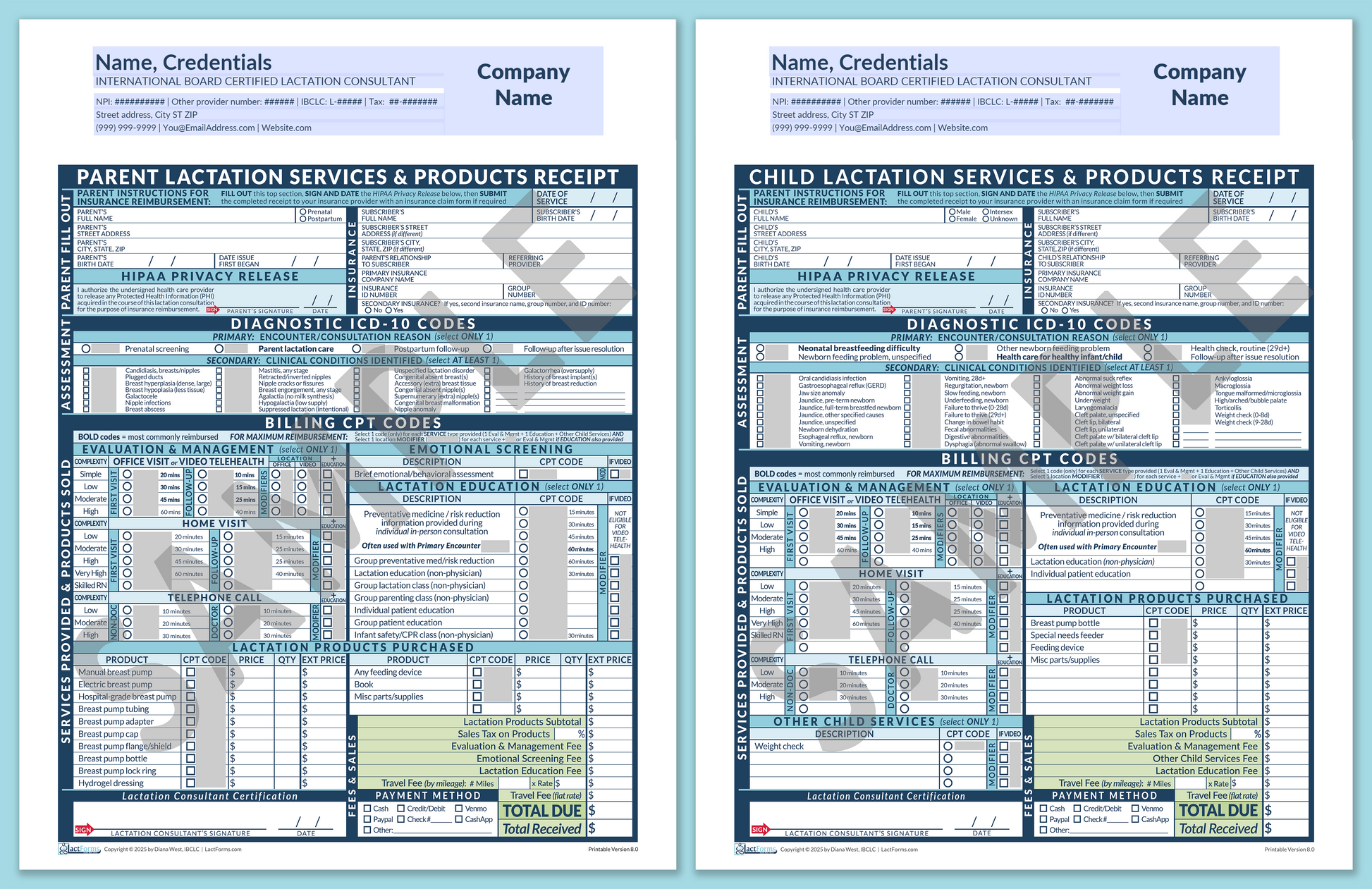 LactForms Superbills Package V8.0 OfficePrintable HeaderCompany Blue-Redacted sample-Before editing header