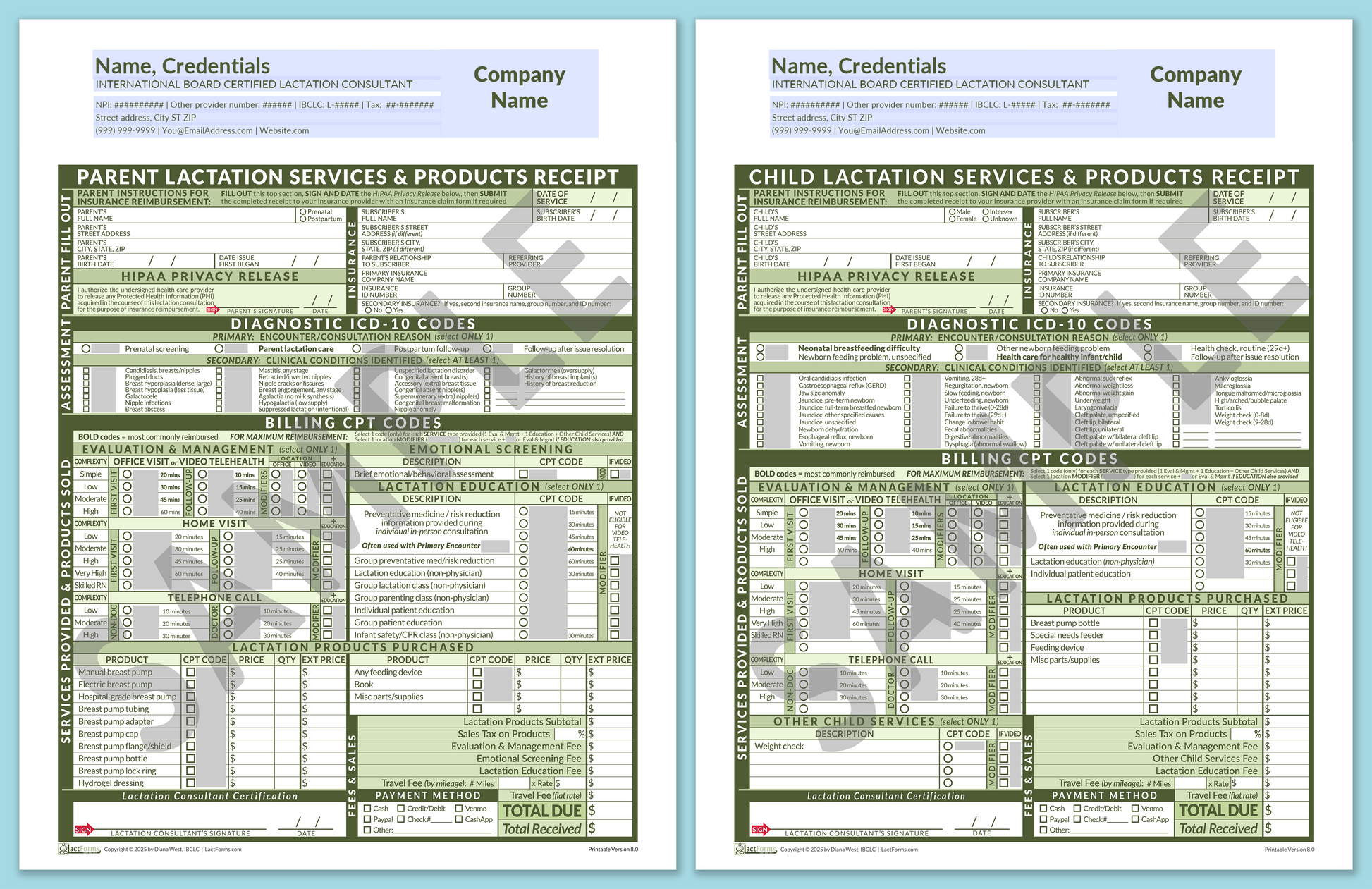 LactForms Superbills Package V8.0 OfficePrintable HeaderCompany Green-Redacted sample-Before editing header