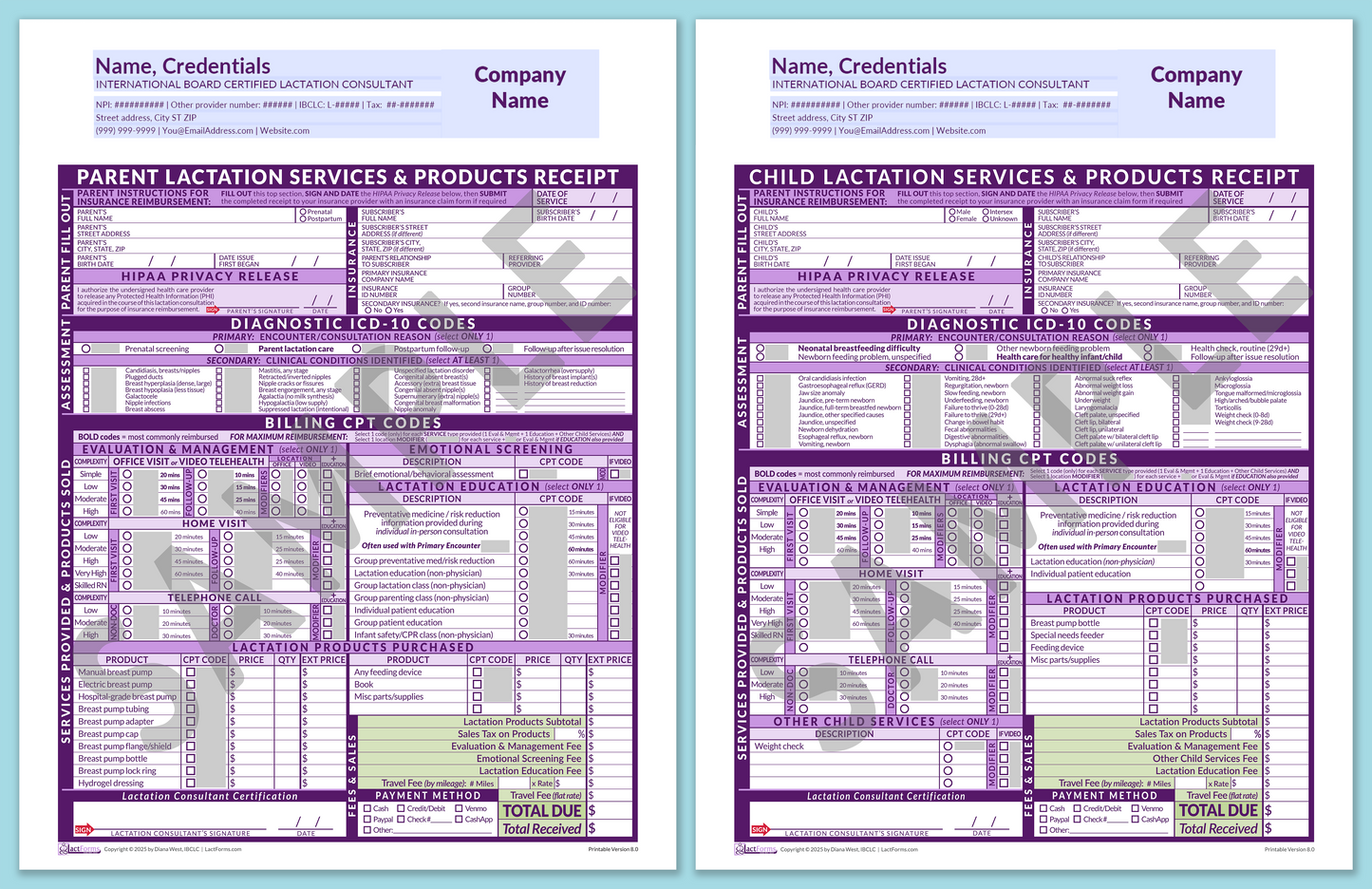 LactForms Superbills Package V8.0 OfficePrintable HeaderCompany Purple-Redacted sample-Before editing header