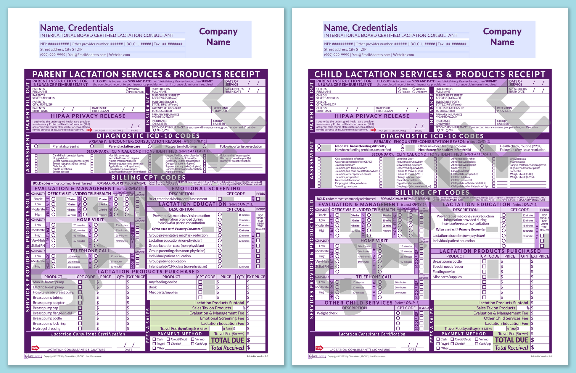 LactForms Superbills Package V8.0 OfficePrintable HeaderCompany Purple-Redacted sample-Before editing header