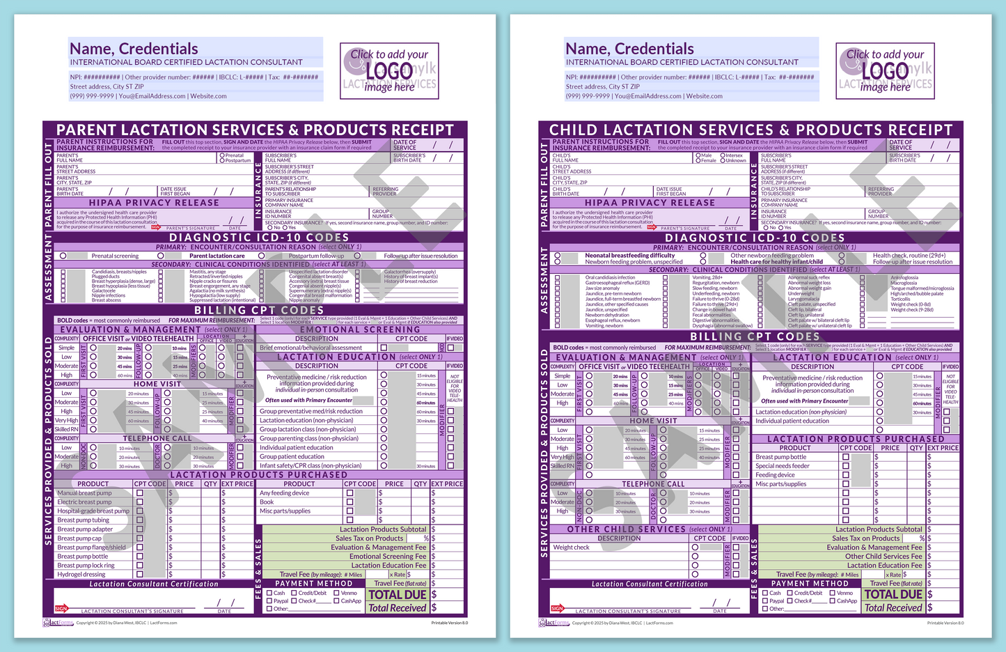 LactForms Superbills Package V8.0 OfficePrintable HeaderLogo Purple-Redacted sample-Before editing header
