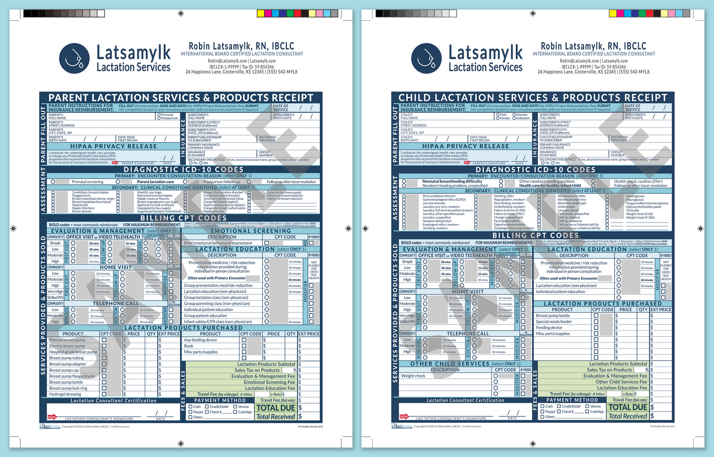 LactForms Superbills Package V8.0 ProPrintable HeaderBox Blue-Redacted sample-After editing header