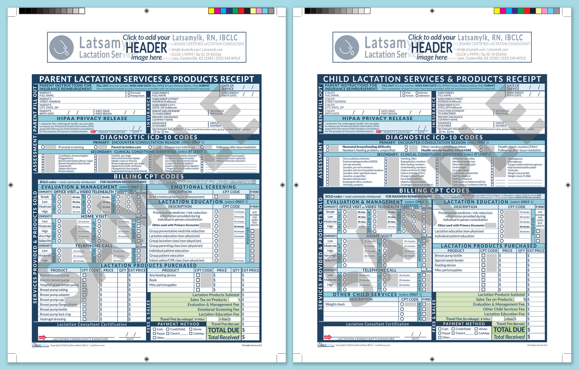 LactForms Superbills Package V8.0 ProPrintable HeaderBox Blue-Redacted sample-Before editing header