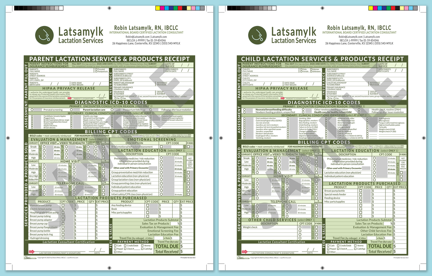 LactForms Superbills Package V8.0 ProPrintable HeaderBox Green-Redacted sample-After editing header