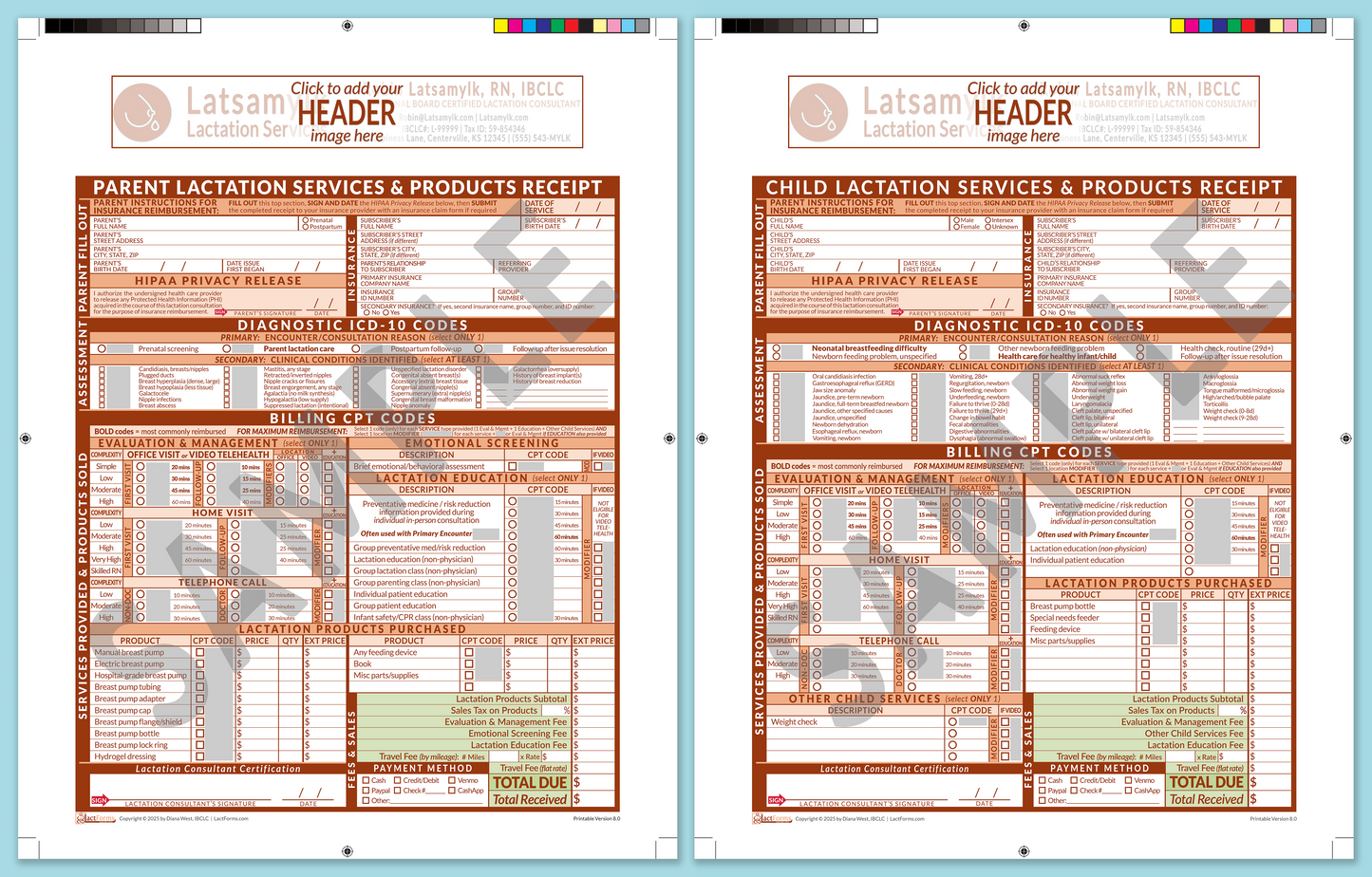 LactForms Superbills Package V8.0 ProPrintable HeaderBox Orange-Redacted sample-Before editing header