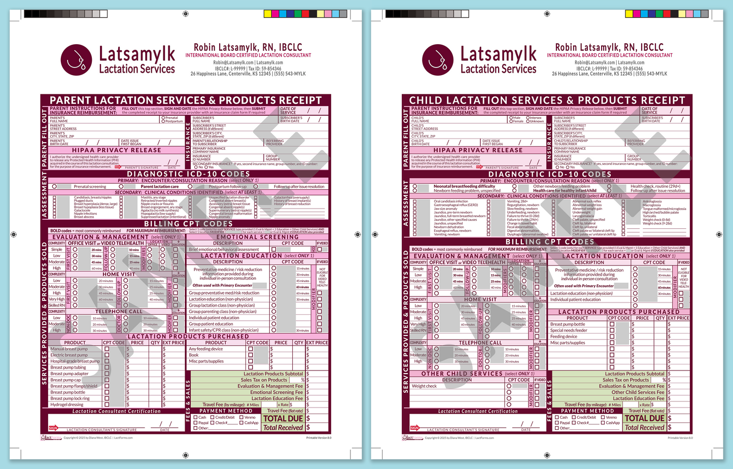 LactForms Superbills Package V8.0 ProPrintable HeaderBox Pink-Redacted sample-After editing header