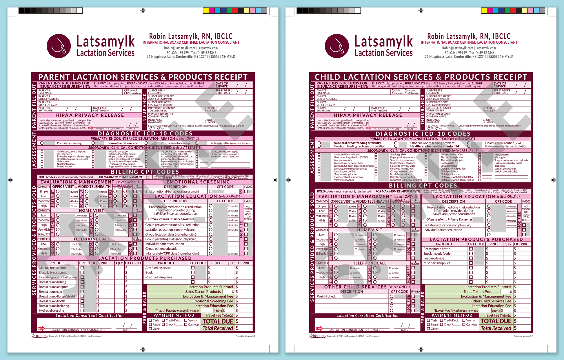 LactForms Superbills Package V8.0 ProPrintable HeaderBox Pink-Redacted sample-After editing header