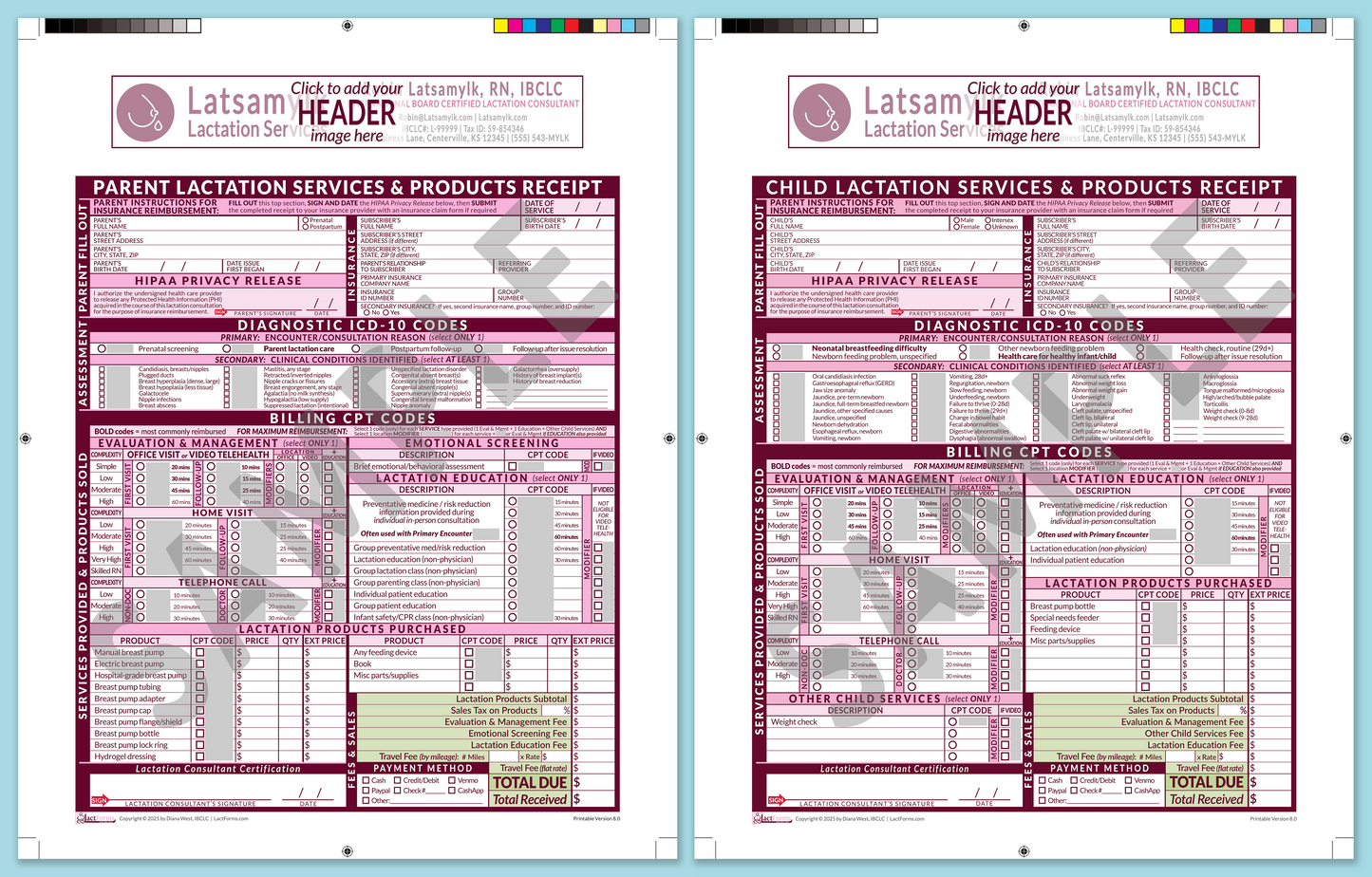 LactForms Superbills Package V8.0 ProPrintable HeaderBox Pink-Redacted sample-Before editing header