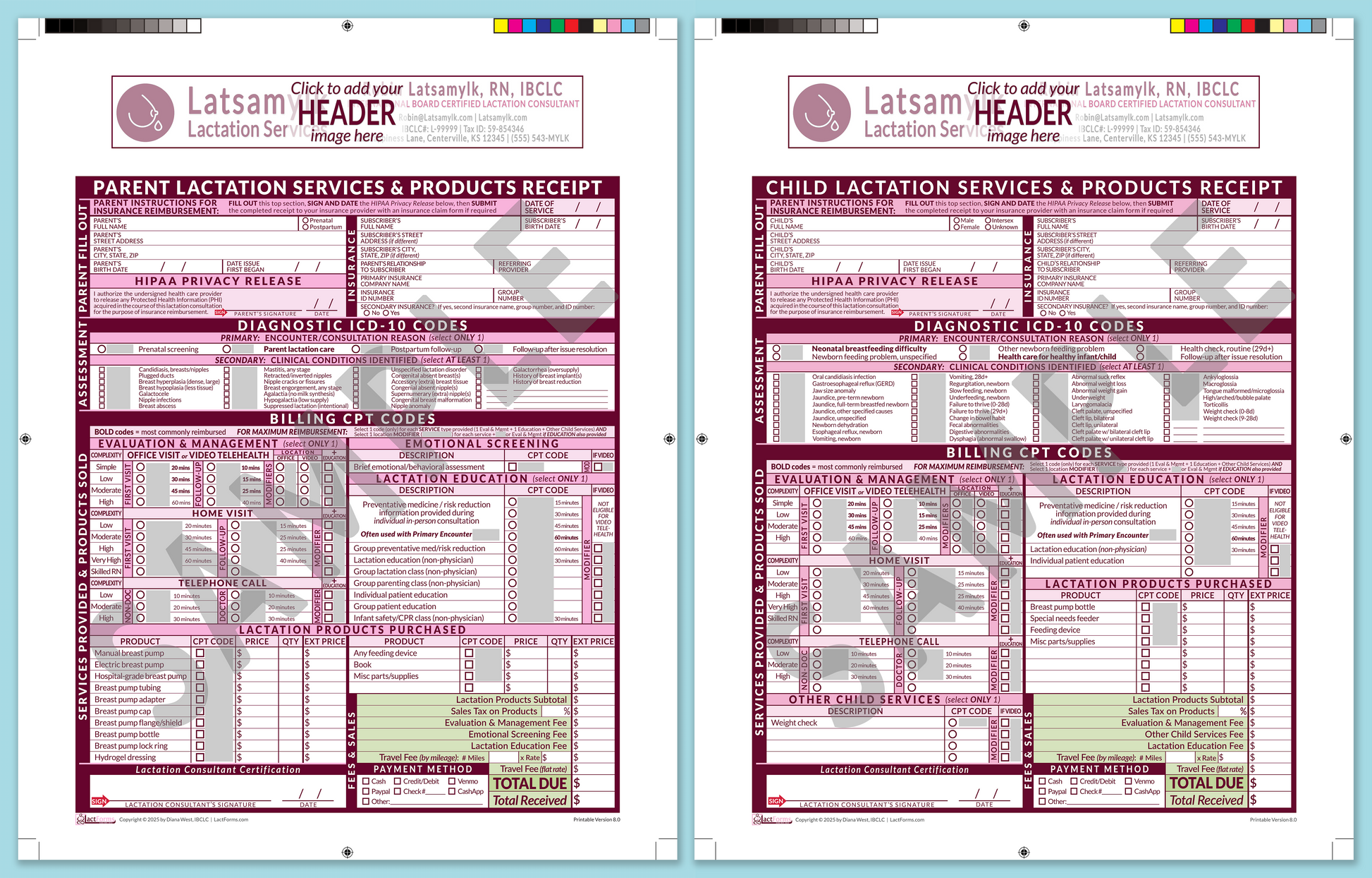 LactForms Superbills Package V8.0 ProPrintable HeaderBox Pink-Redacted sample-Before editing header