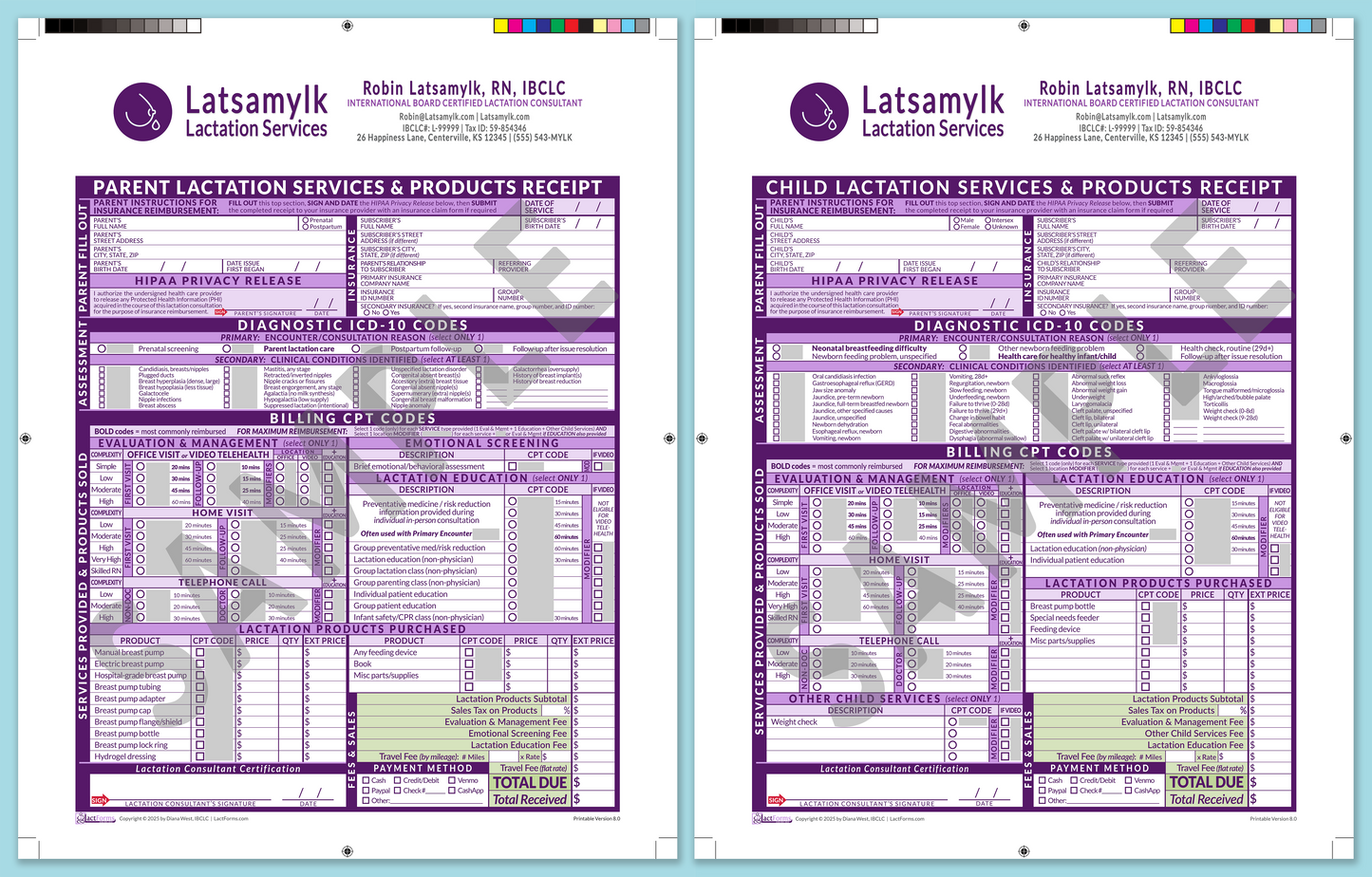 LactForms Superbills Package V8.0 ProPrintable HeaderBox Purple-Redacted sample-After editing header