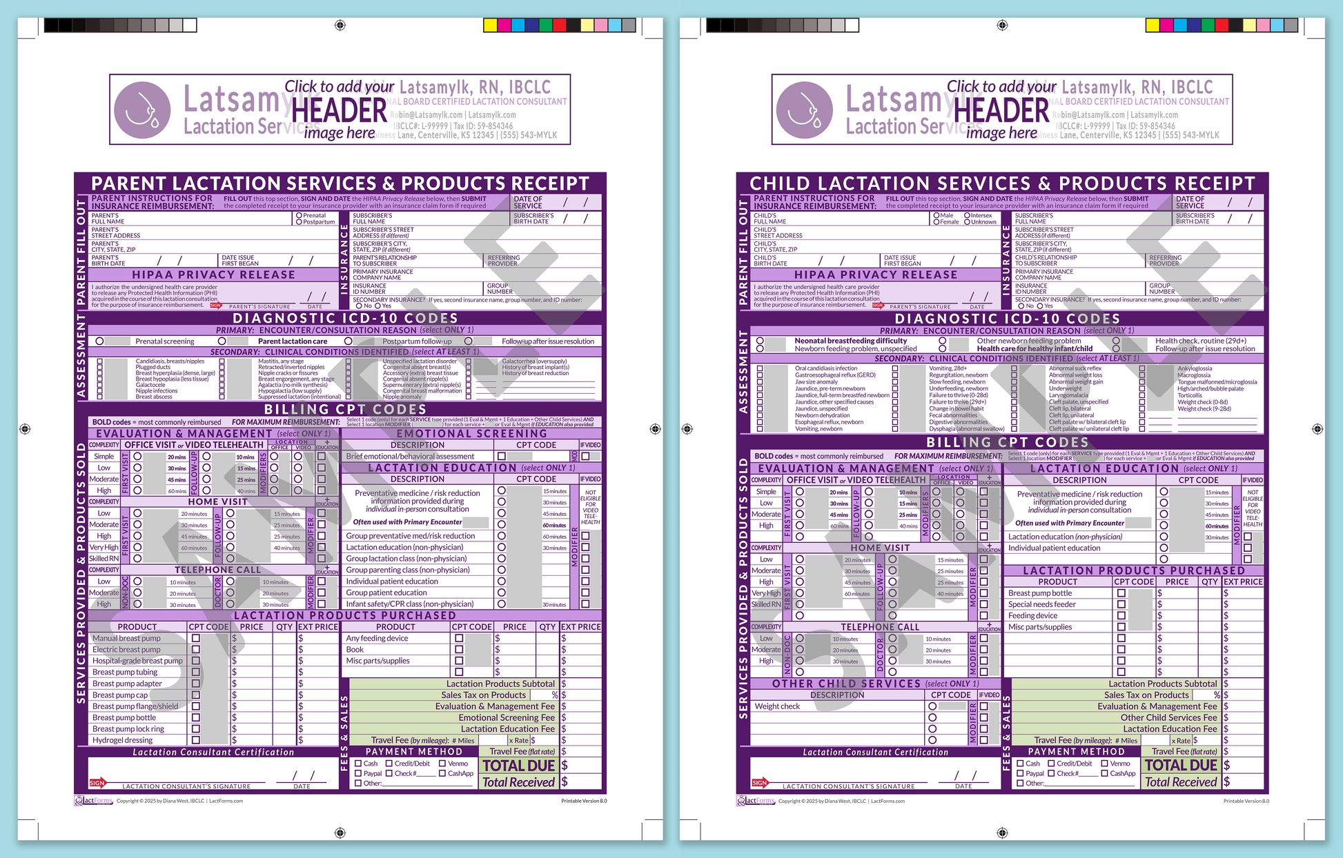 LactForms Superbills Package V8.0 ProPrintable HeaderBox Purple-Redacted sample-Before editing header