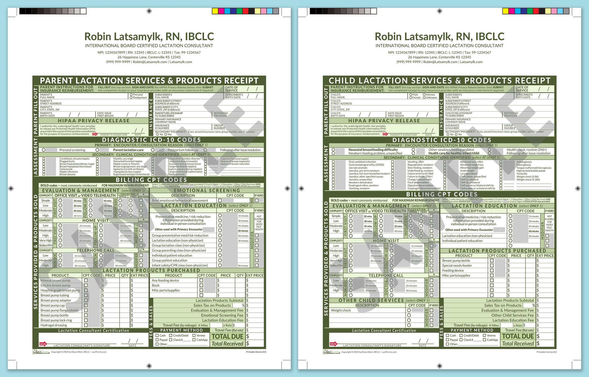 LactForms Superbills Package V8.0 ProPrintable HeaderCenter Green-Redacted sample-After editing header