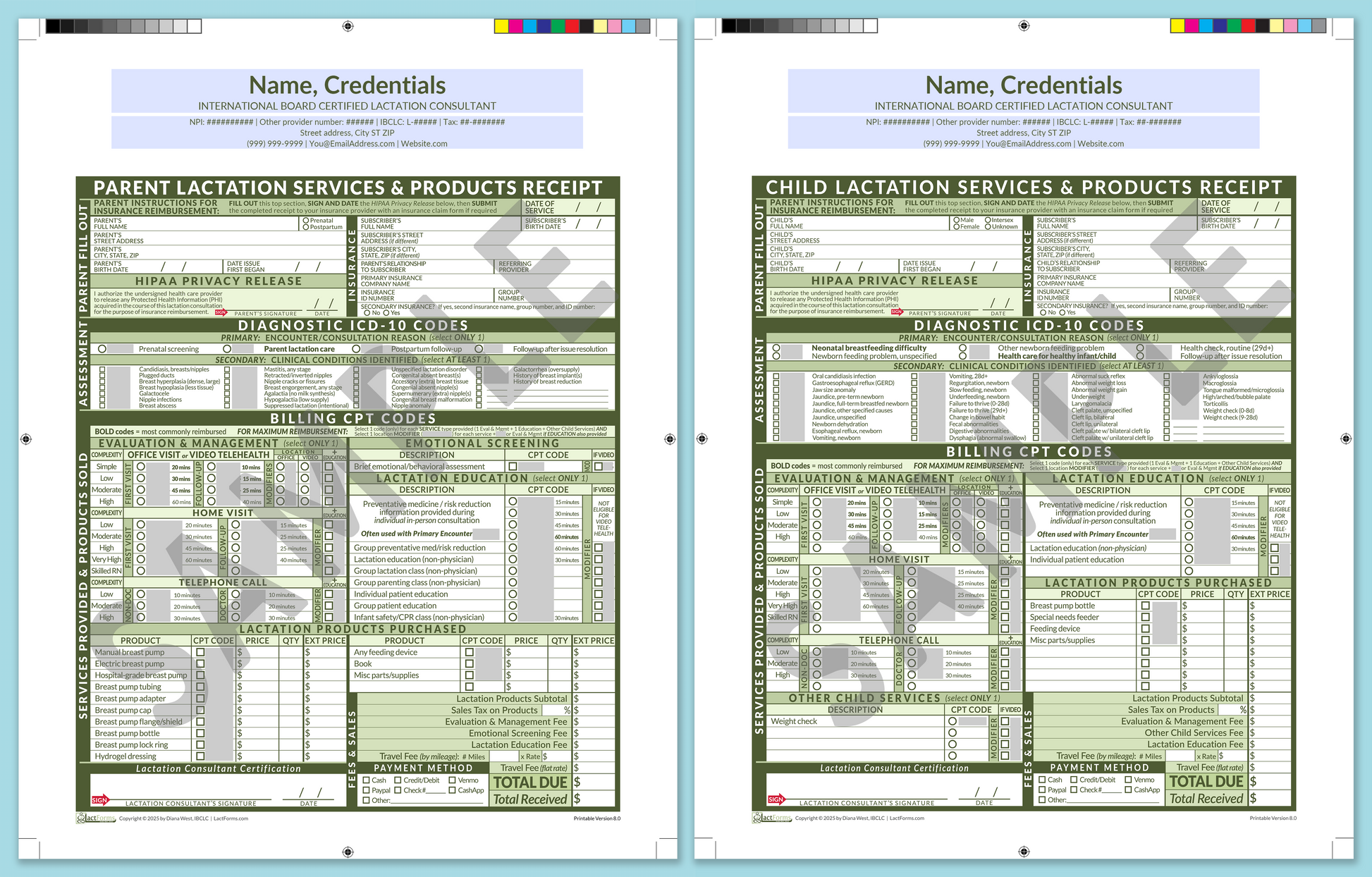 LactForms Superbills Package V8.0 ProPrintable HeaderCenter Green-Redacted sample-Before editing header