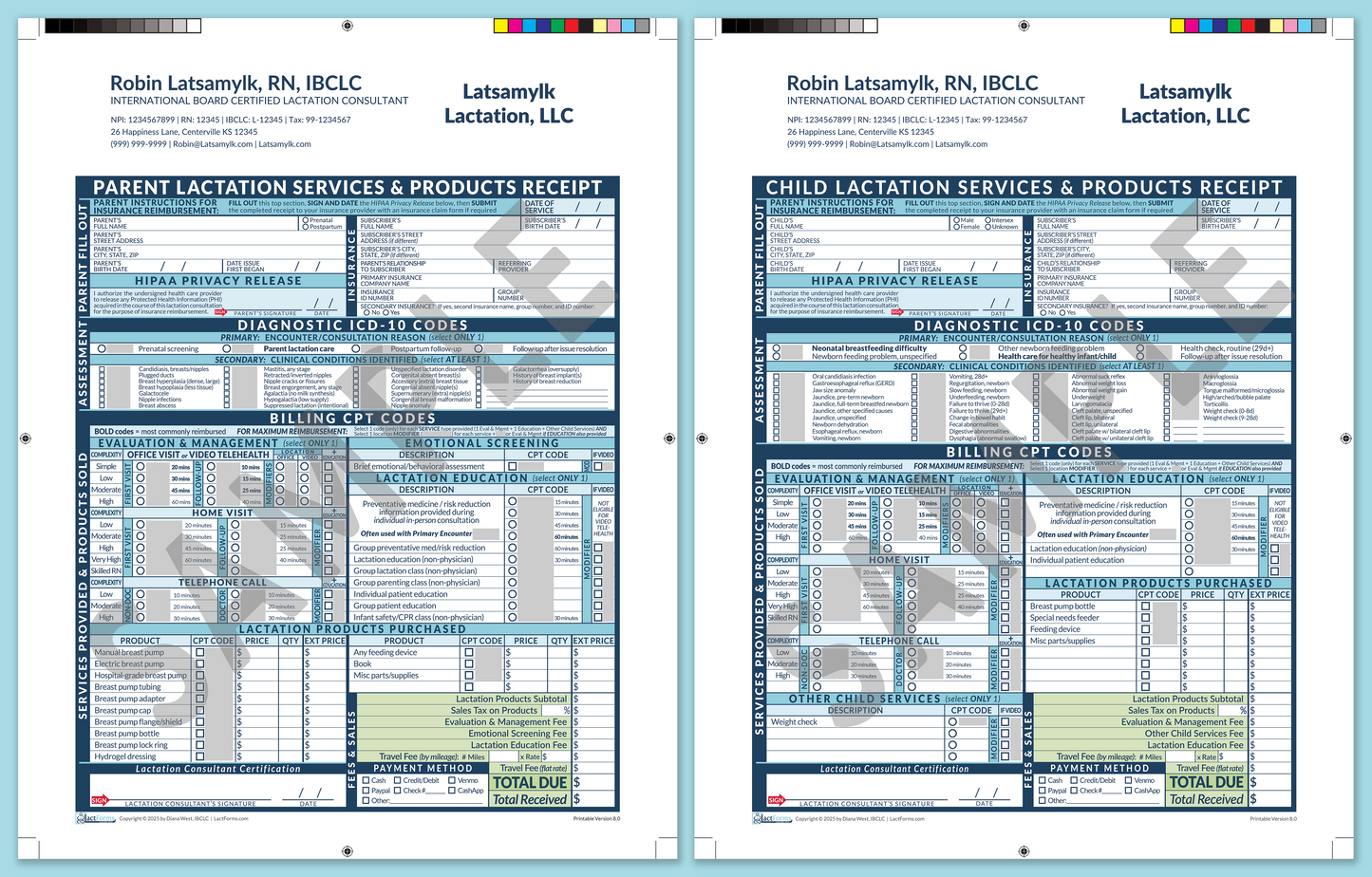 LactForms Superbills Package V8.0 ProPrintable HeaderCompany Blue-Redacted sample-After editing header