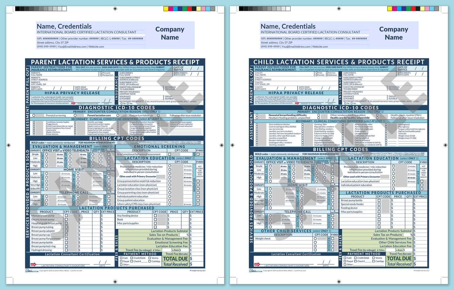 LactForms Superbills Package V8.0 ProPrintable HeaderCompany Blue-Redacted sample-Before editing header