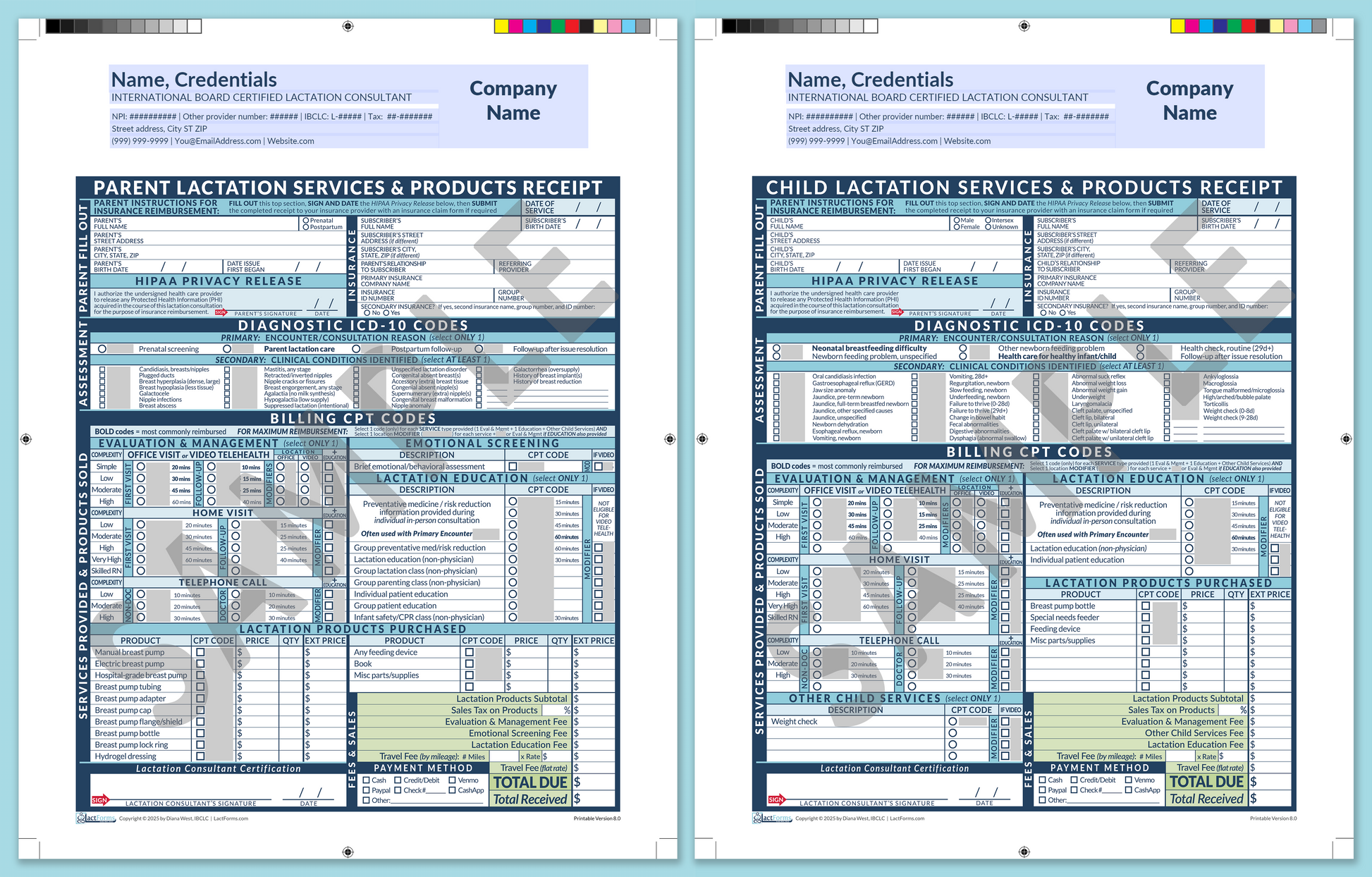 LactForms Superbills Package V8.0 ProPrintable HeaderCompany Blue-Redacted sample-Before editing header