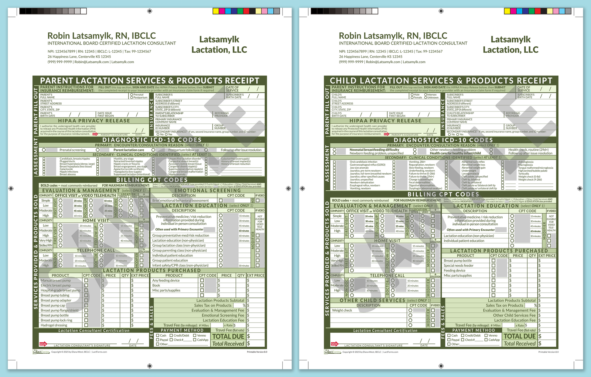 LactForms Superbills Package V8.0 ProPrintable HeaderCompany Green-Redacted sample-After editing header