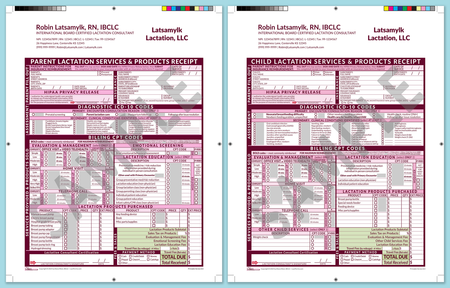 LactForms Superbills Package V8.0 ProPrintable HeaderCompany Pink-Redacted sample after editing Header