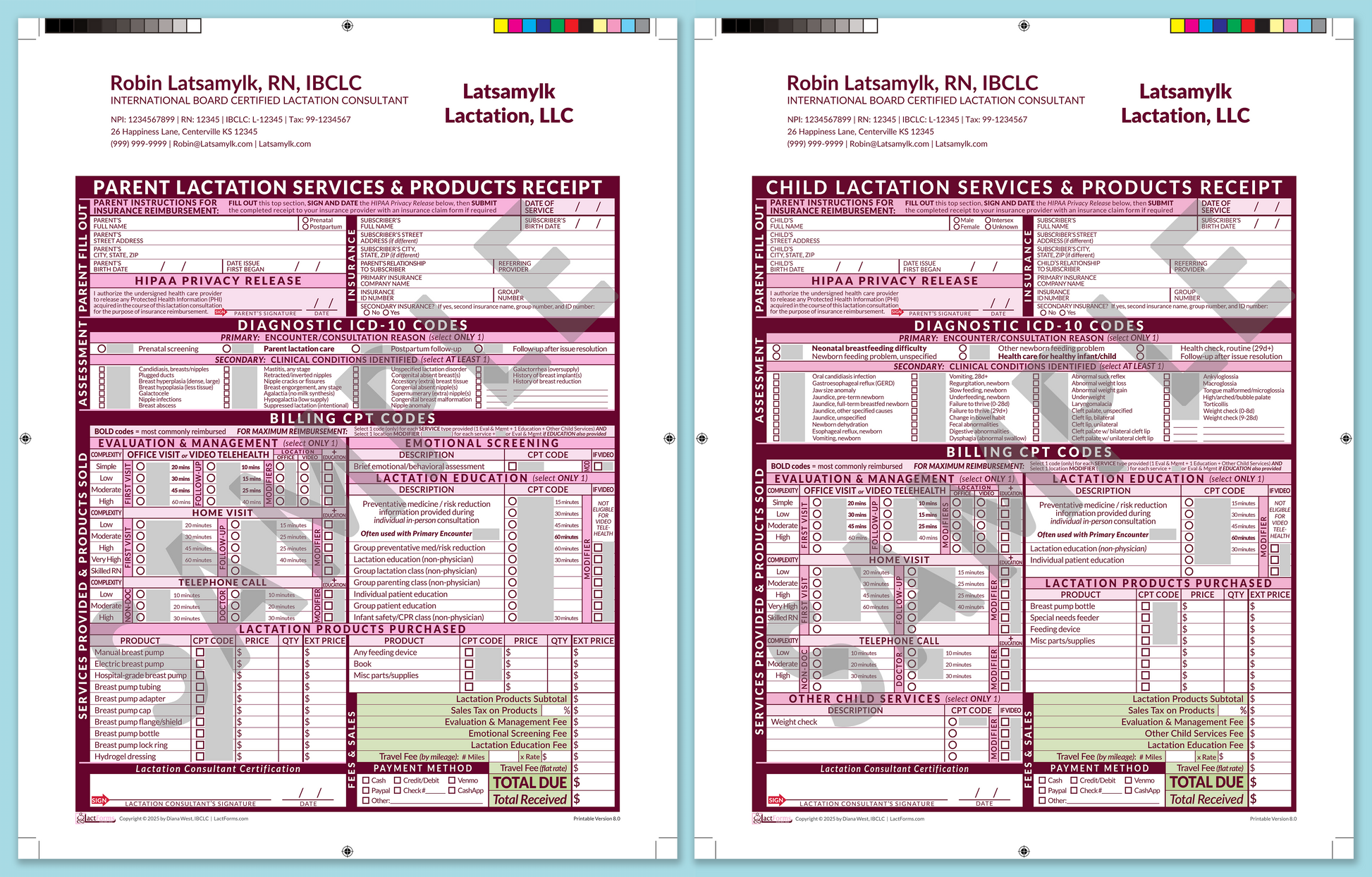 LactForms Superbills Package V8.0 ProPrintable HeaderCompany Pink-Redacted sample after editing Header