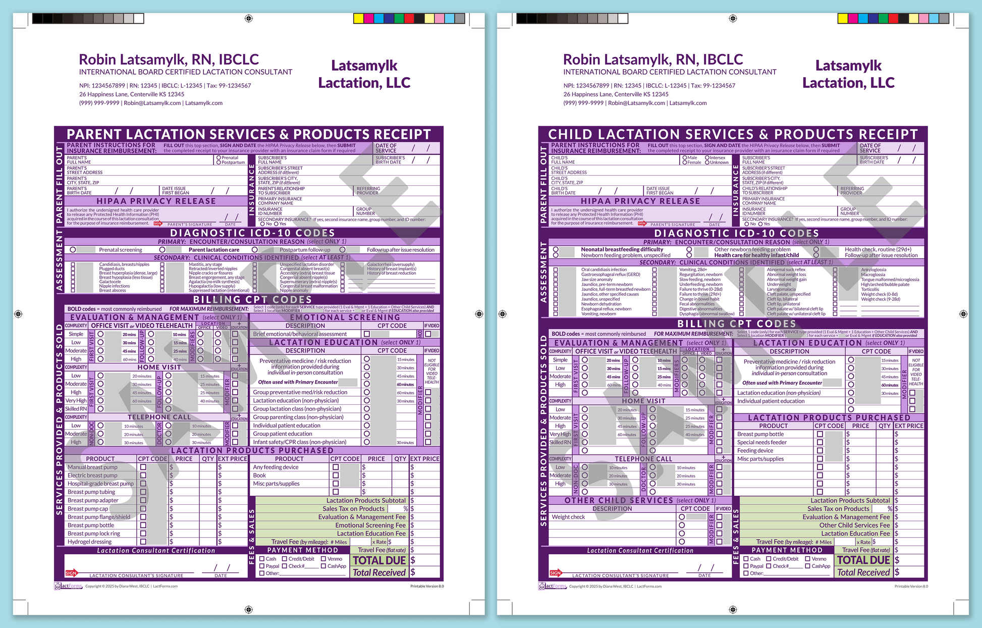 LactForms Superbills Package V8.0 ProPrintable HeaderCompany Purple-Redacted sample-After editing header