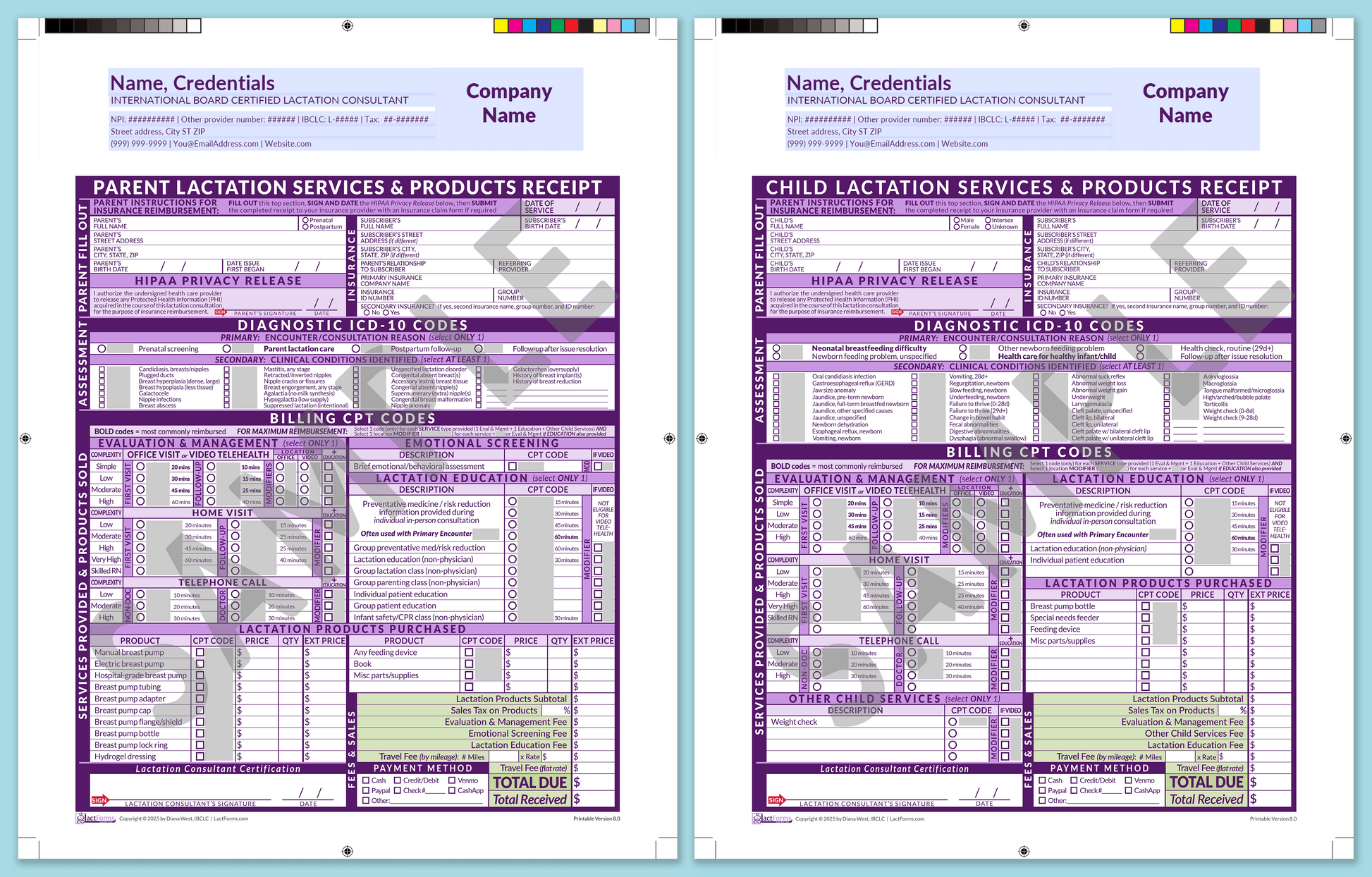 LactForms Superbills Package V8.0 ProPrintable HeaderCompany Purple-Redacted sample-Before editing header