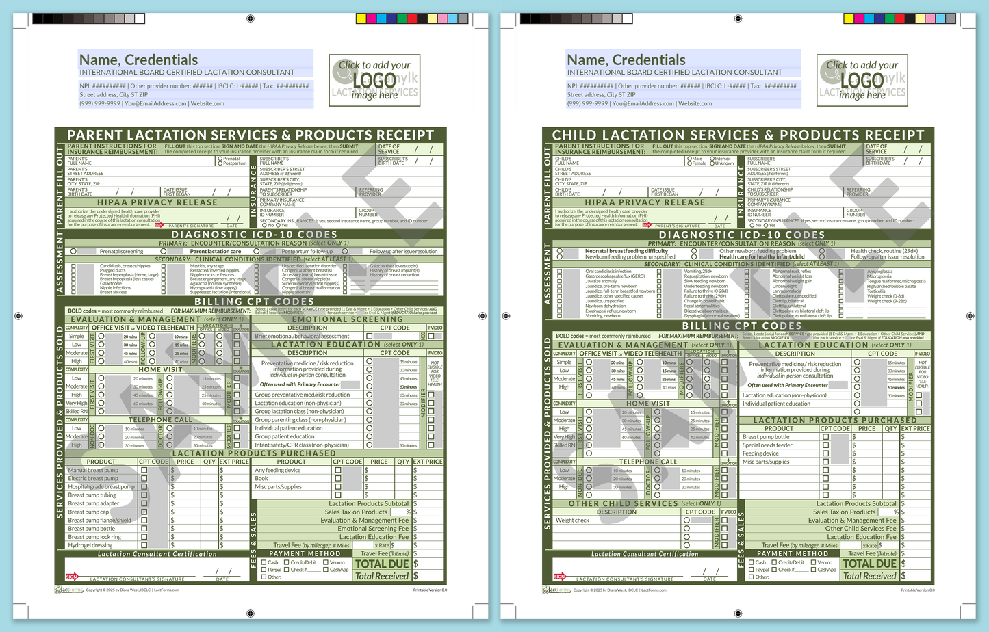 LactForms Superbills Package V8.0 ProPrintable HeaderLogo Green-Redacted sample-Before editing header