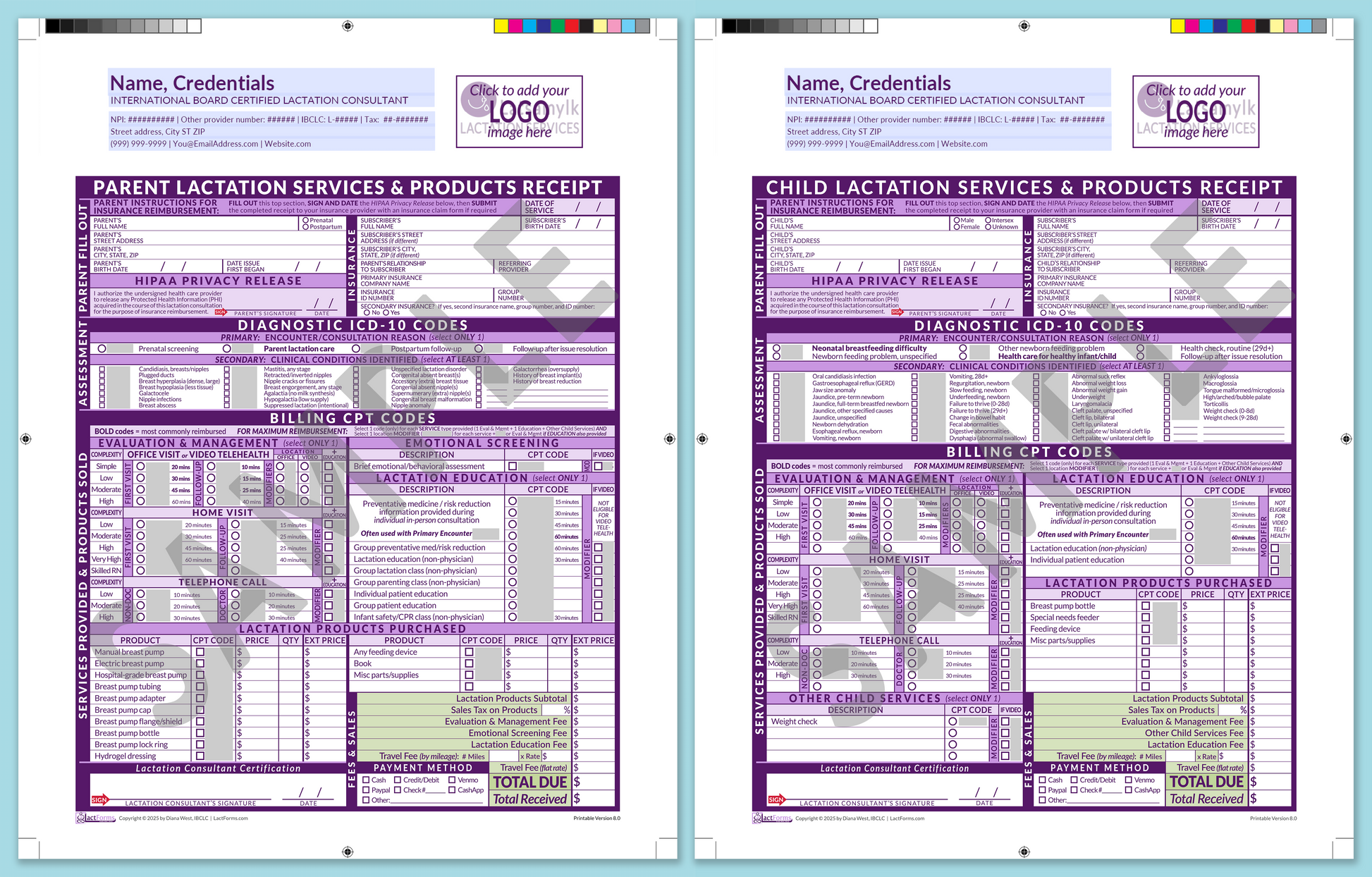 LactForms Superbills Package V8.0 ProPrintable HeaderLogo Purple-Redacted sample-Before editing header