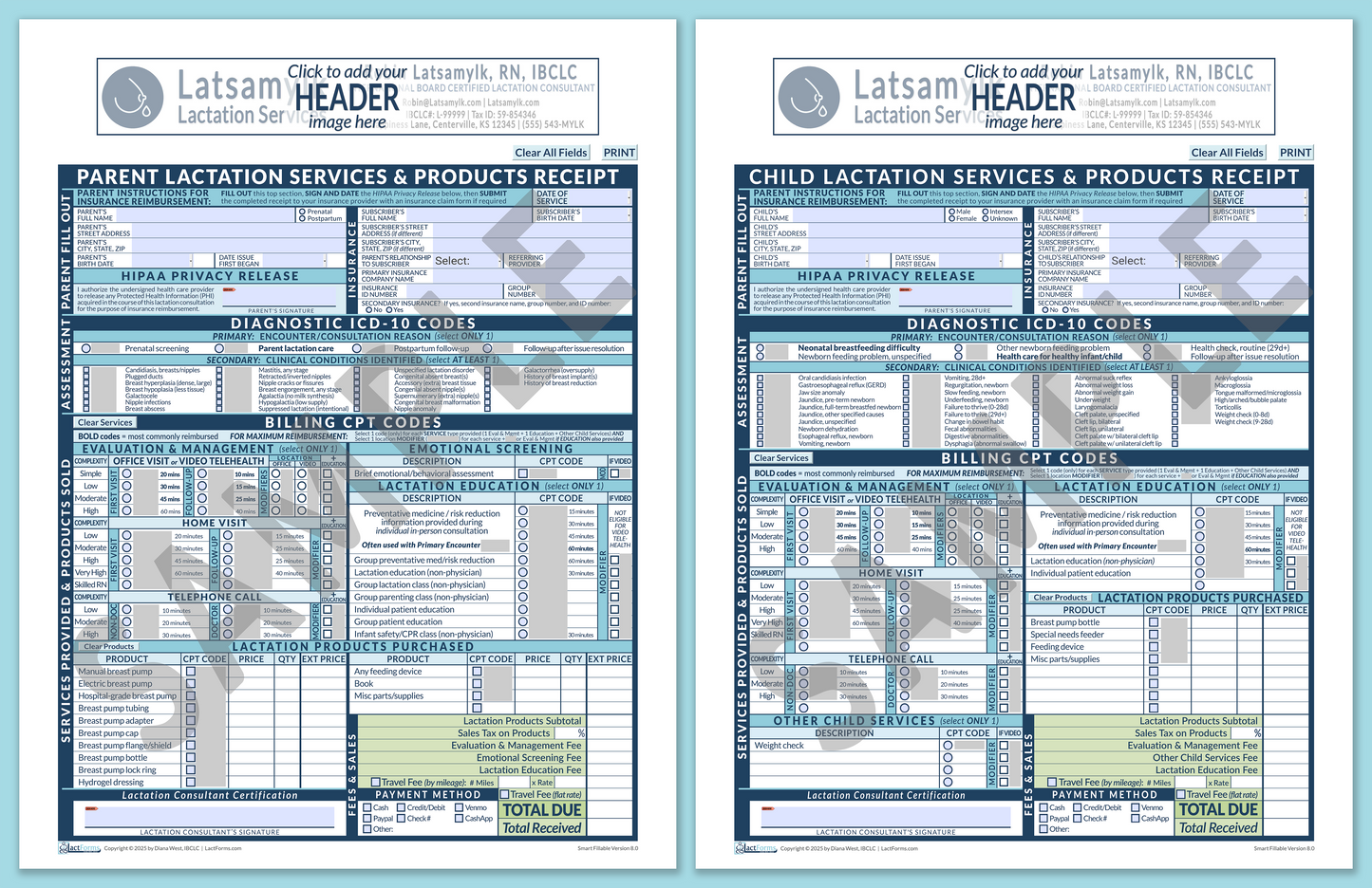 LactForms Superbills Package V8.0 SmartFillable HeaderBox Blue-Redacted sample-Before editing header