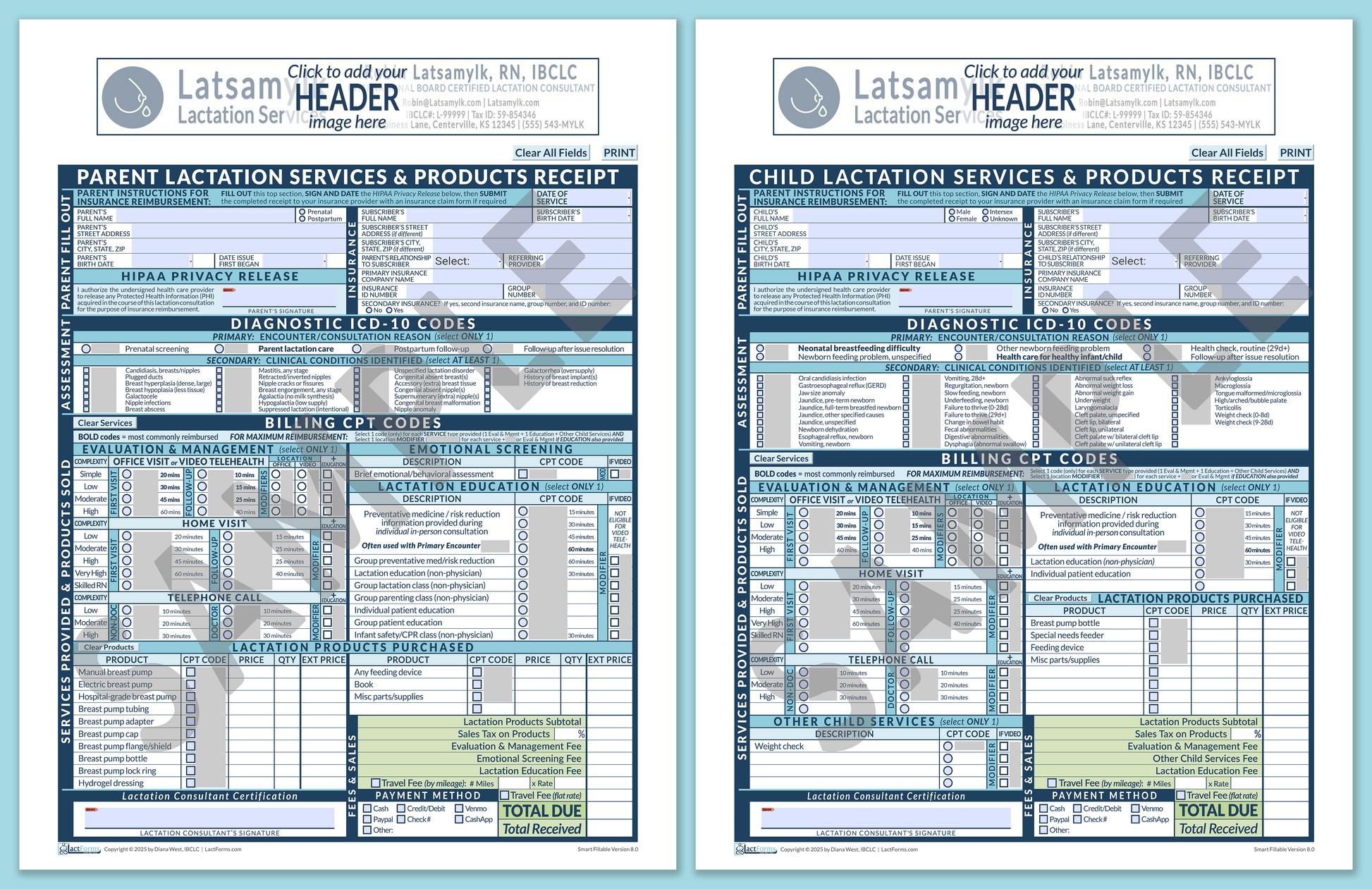 LactForms Superbills Package V8.0 SmartFillable HeaderBox Blue-Redacted sample-Before editing header