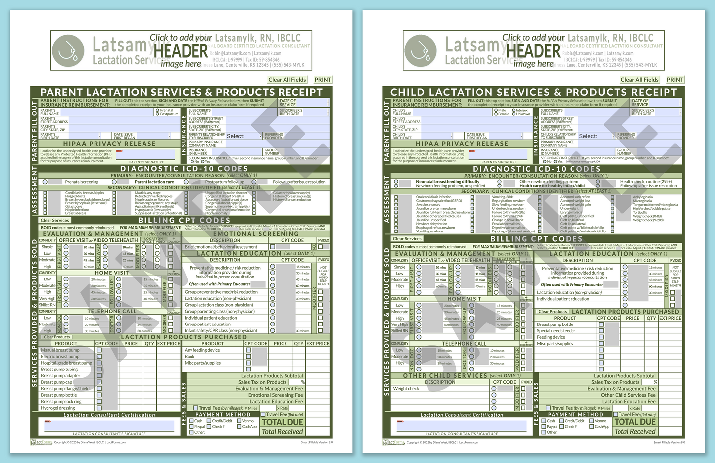 LactForms Superbills Package V8.0 SmartFillable HeaderBox Green-Redacted sample-Before editing header