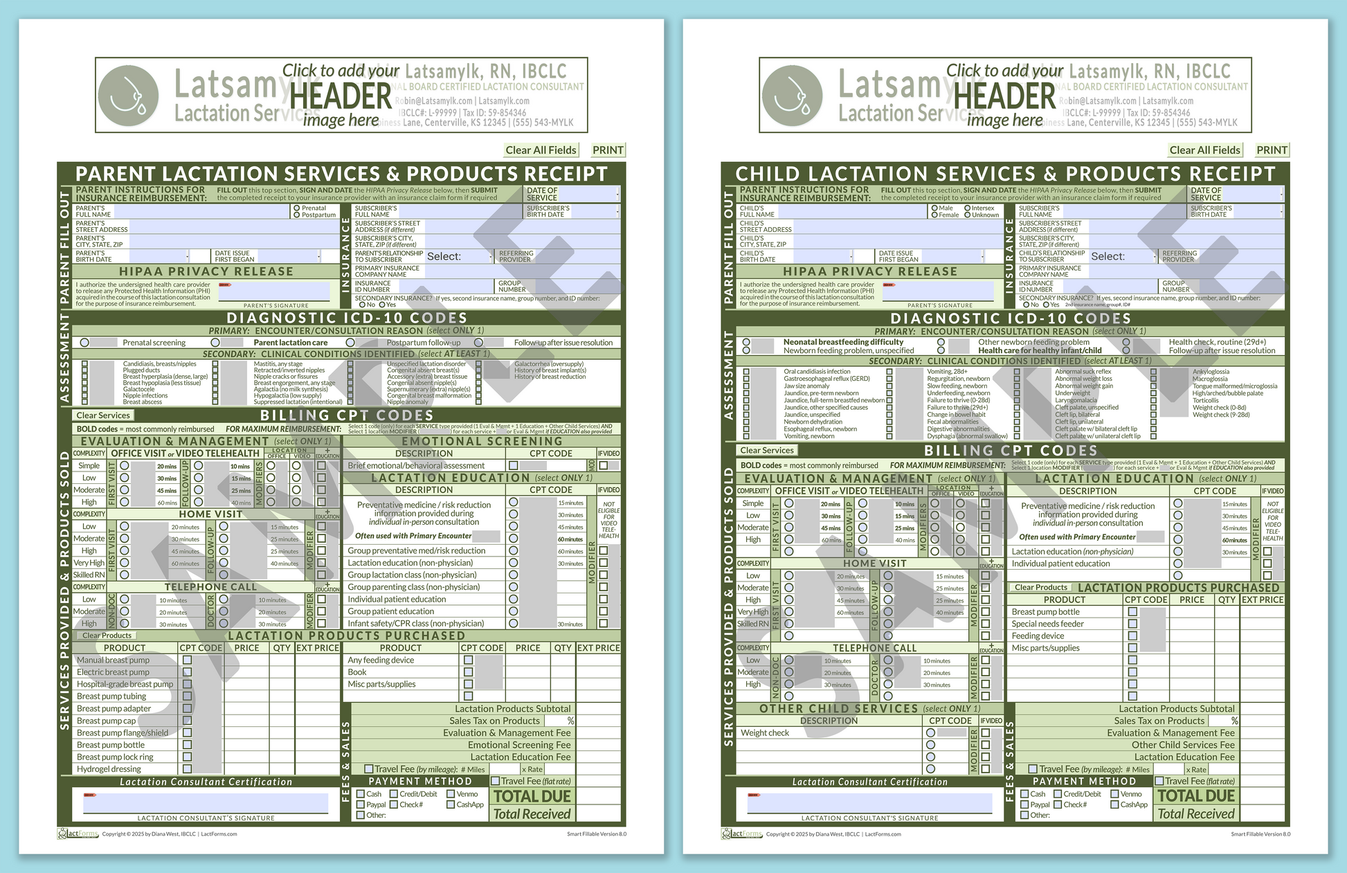 LactForms Superbills Package V8.0 SmartFillable HeaderBox Green-Redacted sample-Before editing header